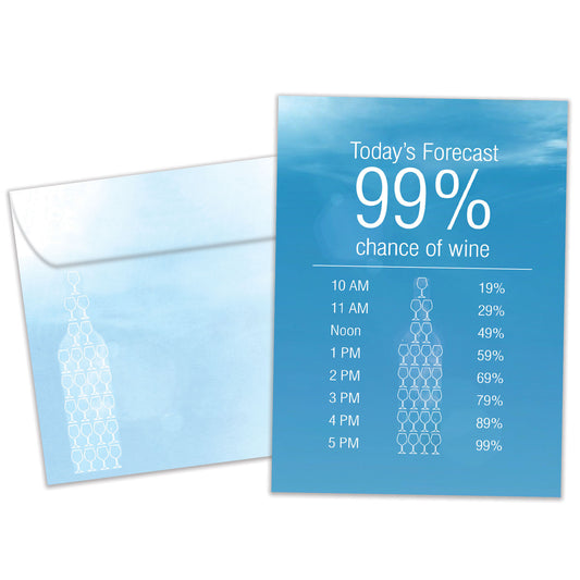 Front view of a Birthday greeting card and matching envelope featuring a "chance of wine" forecast on a blue sky background. 