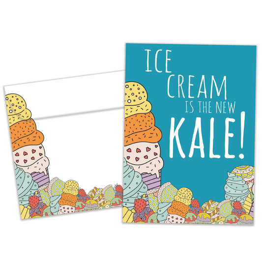 Front view of a Birthday greeting card and matching envelope featuring the message "Ice cream is the new kale!"