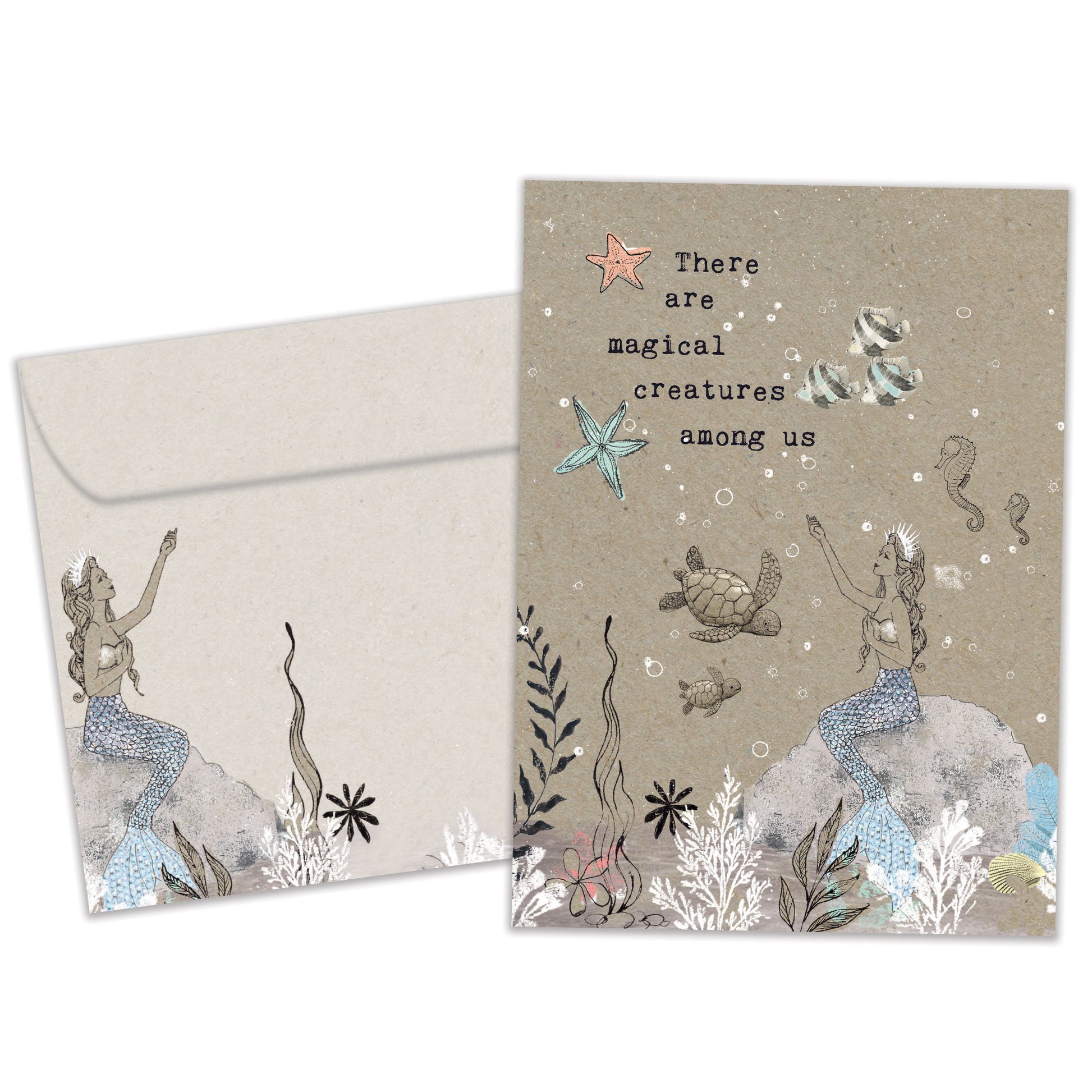 Front view of a Birthday greeting card and matching envelope featuring a mermaid and sea creatures in a magical underwater setting.