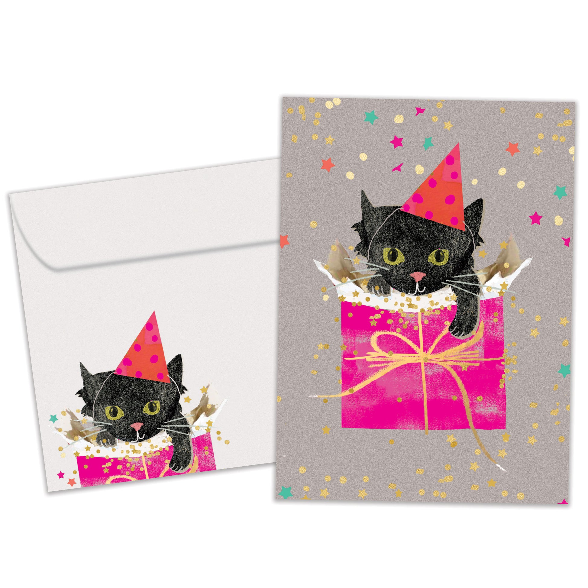 Front view of a Birthday greeting card featuring a cute kitten in a gift bag wearing a birthday hat, with matching envelope artwork.