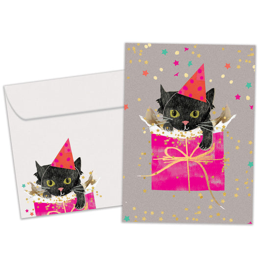 Front view of a Birthday greeting card featuring a cute kitten in a gift bag wearing a birthday hat, with matching envelope artwork.
