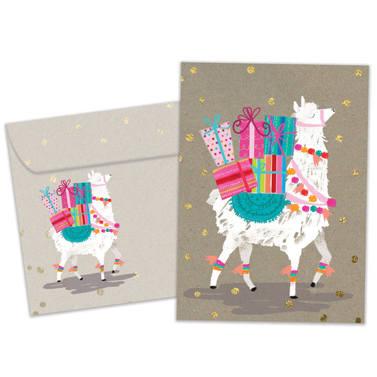 Front view of a Birthday greeting card featuring a llama carrying birthday presents on its back, with a matching envelope.