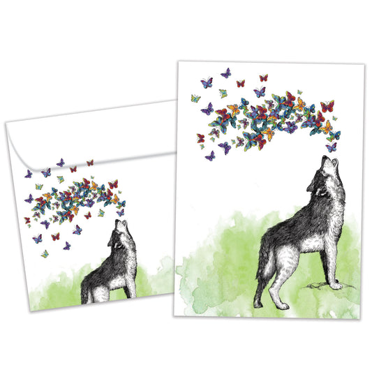 Front view of a Birthday greeting card featuring a wolf howling butterflies, with a matching envelope.