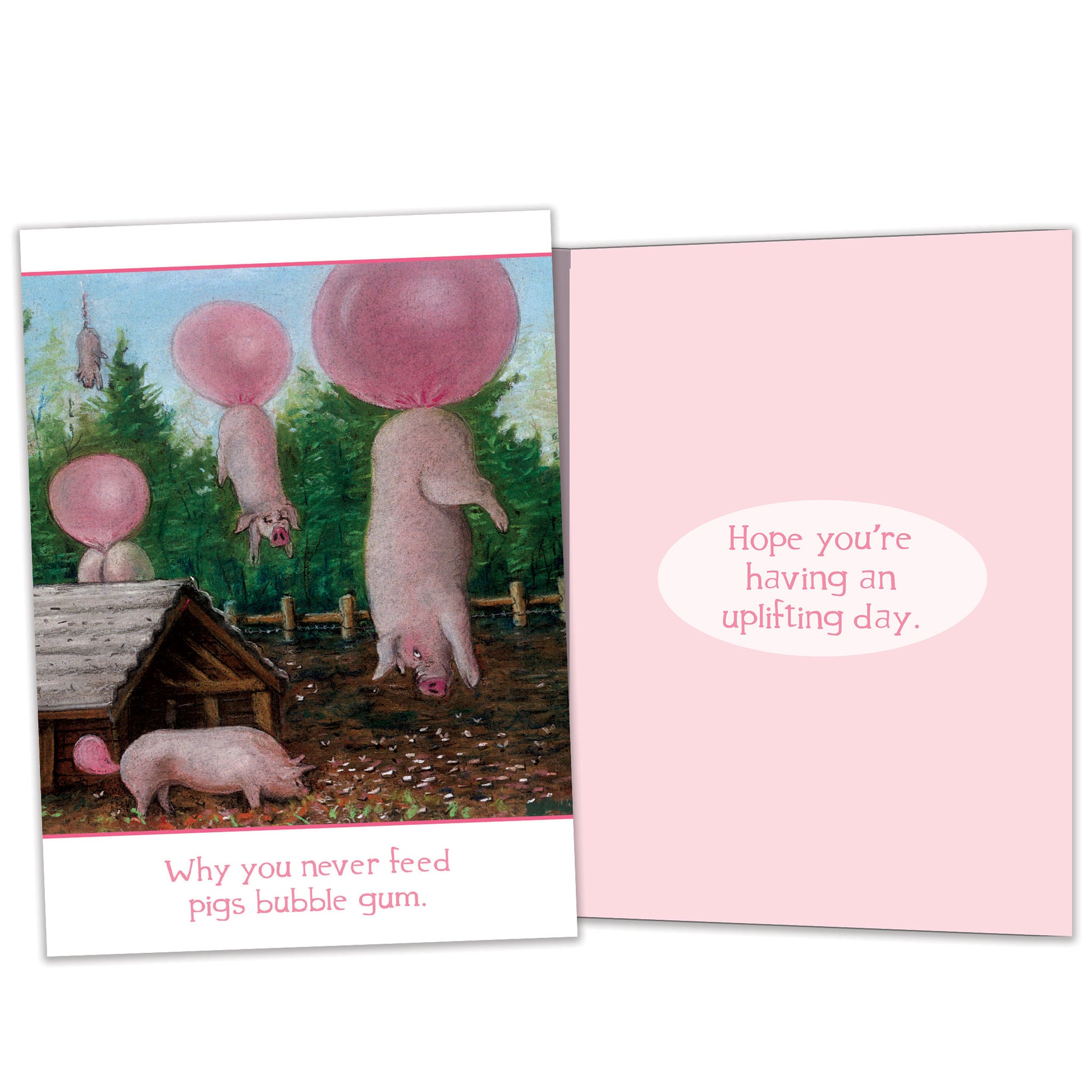Front and inside view of a Birthday greeting card featuring "Why you never feed pigs bubble gum," with matching design details inside.