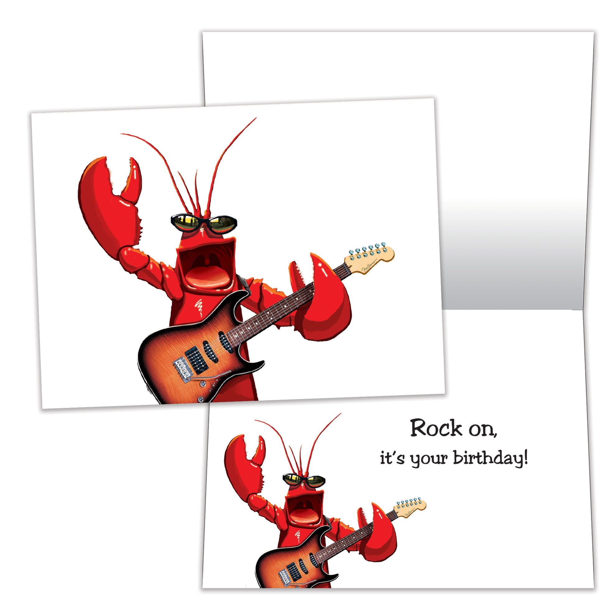 Front and inside view of a Birthday greeting card featuring a lobster playing a guitar, with matching design details inside.