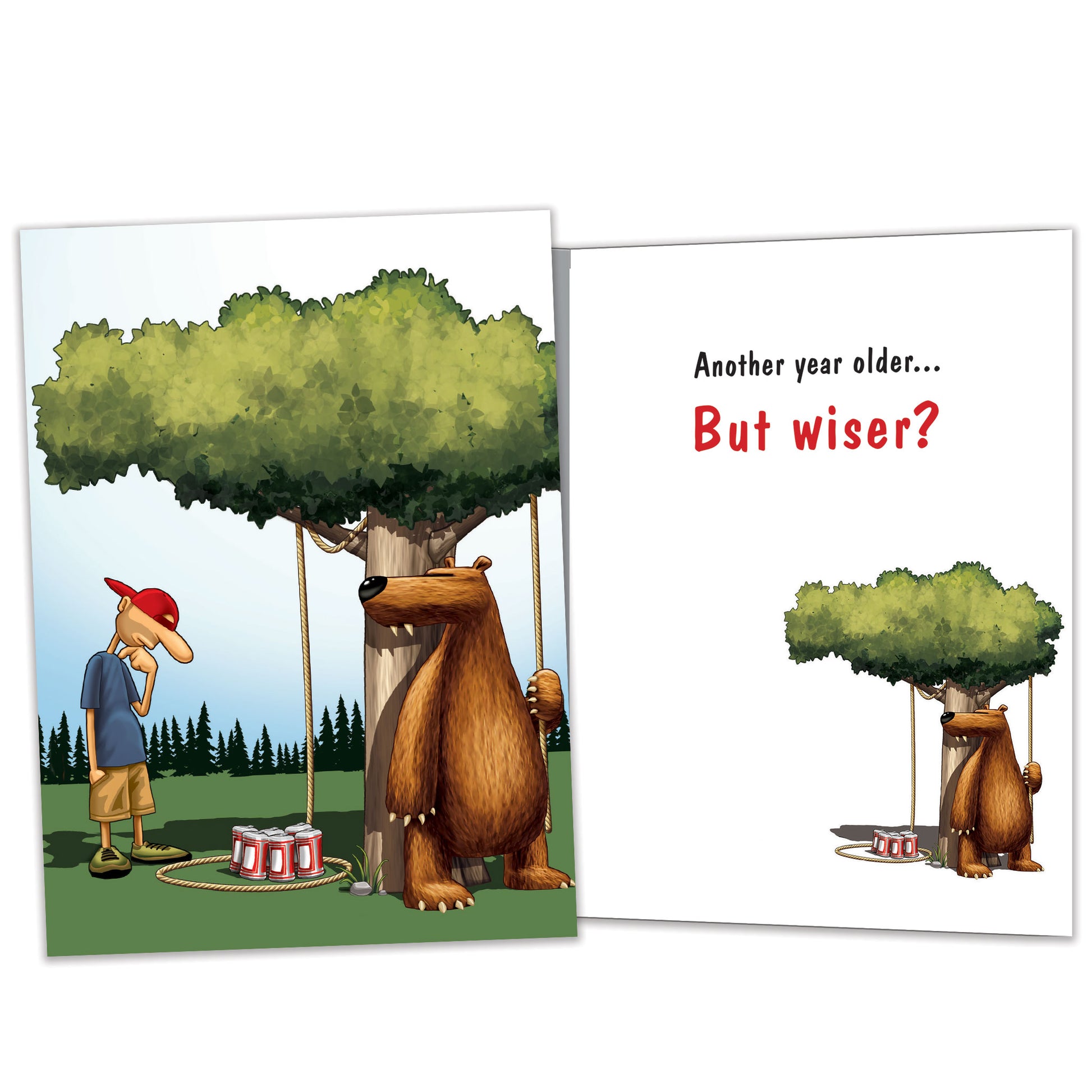 Front and inside view of a Birthday greeting card featuring a bear setting a trap for a man, with matching design details inside.