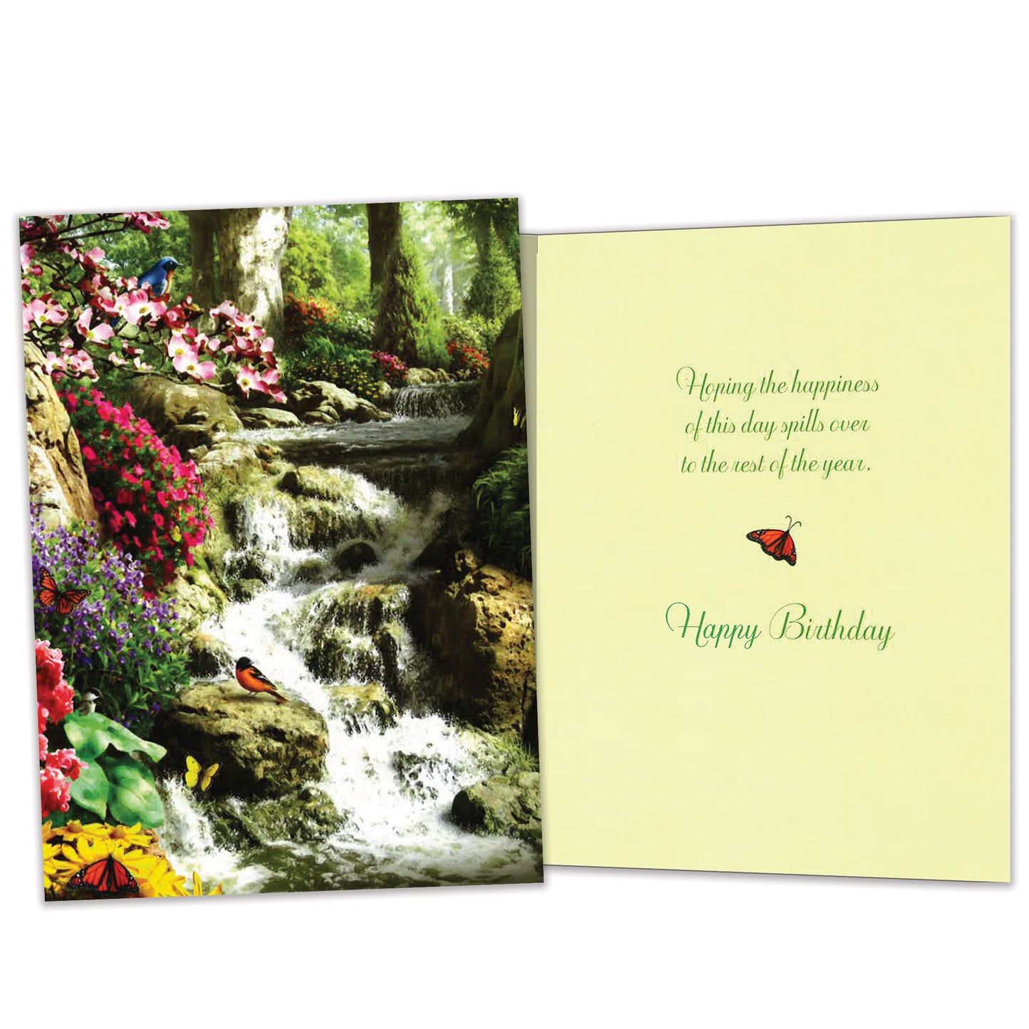 Front and inside view of a Birthday greeting card featuring a serene forest and waterfall scene with flowers and birds, with matching design details inside.