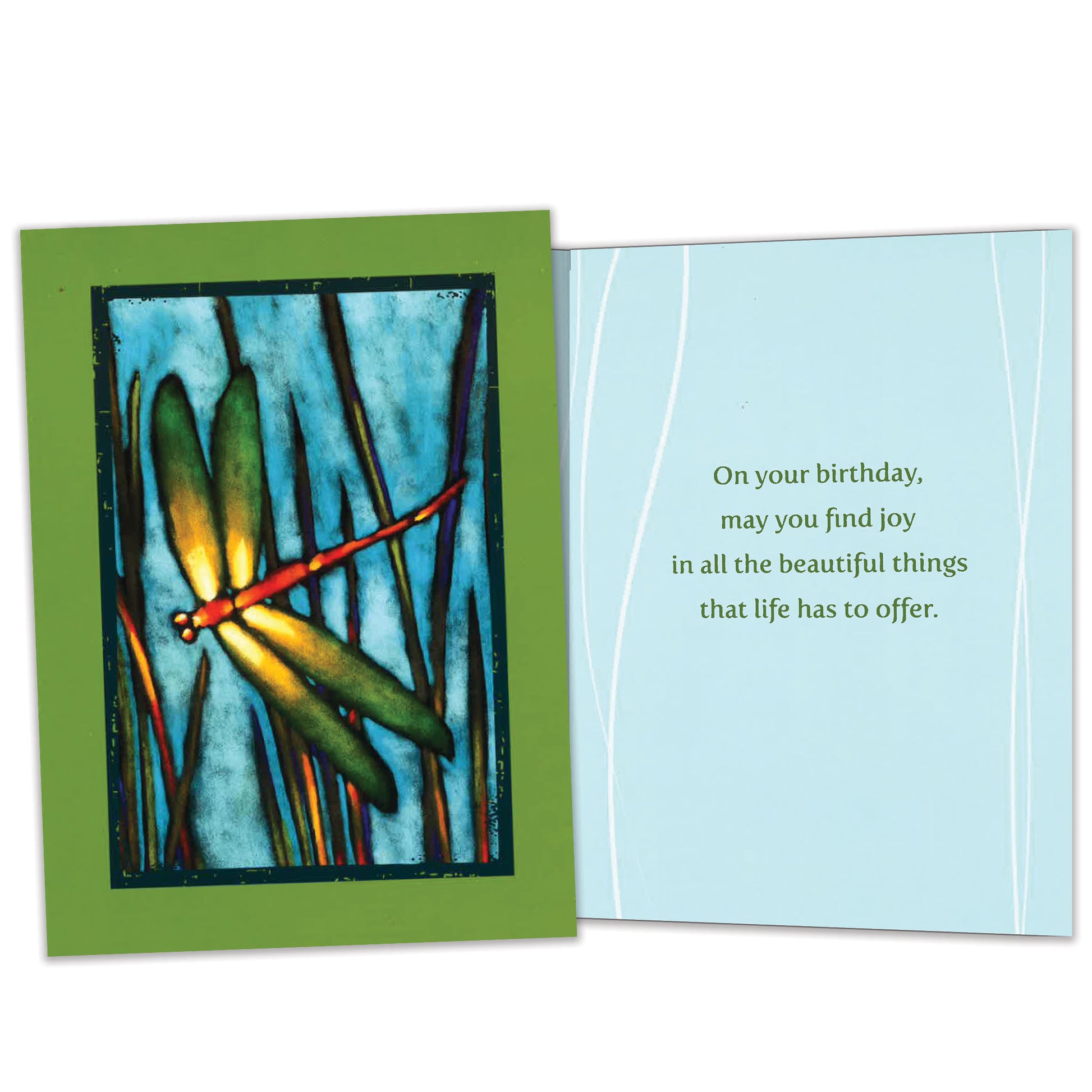 Front and inside view of a Birthday greeting card featuring a dragonfly in a marshy background, with matching design details inside.