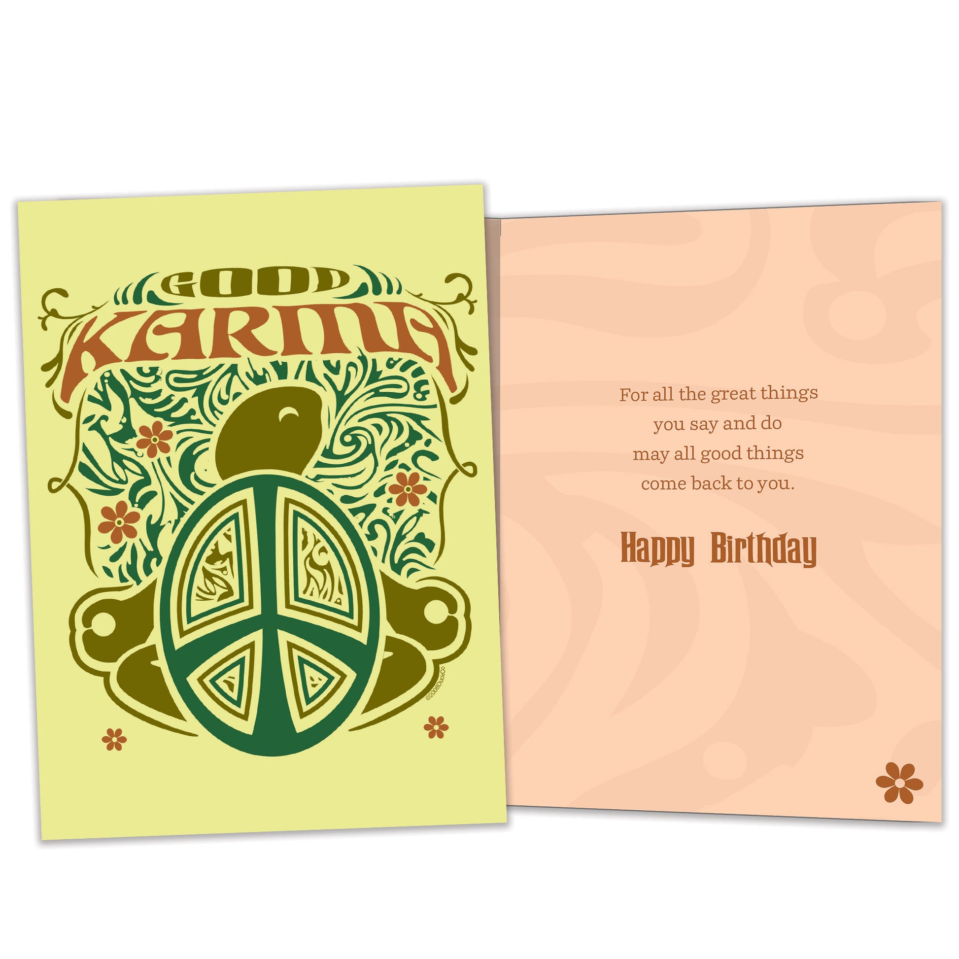 Front and inside view of a Birthday greeting card featuring a turtle with "Good Karma," with matching design details inside.