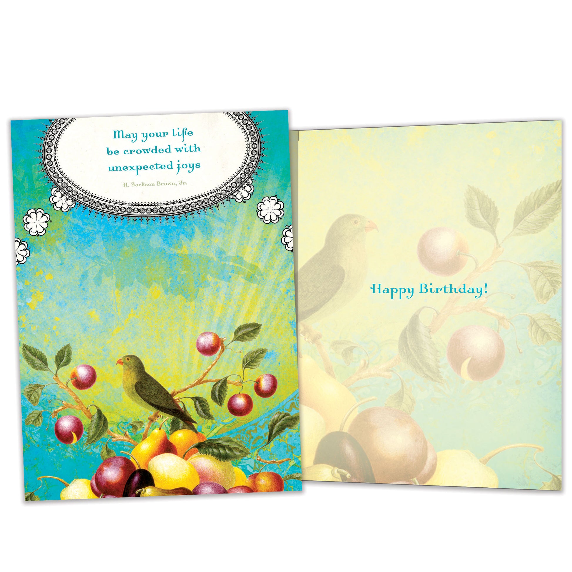 Front and inside view of a Birthday greeting card featuring a joyful message with a bird and fruit illustration, with matching design details inside.