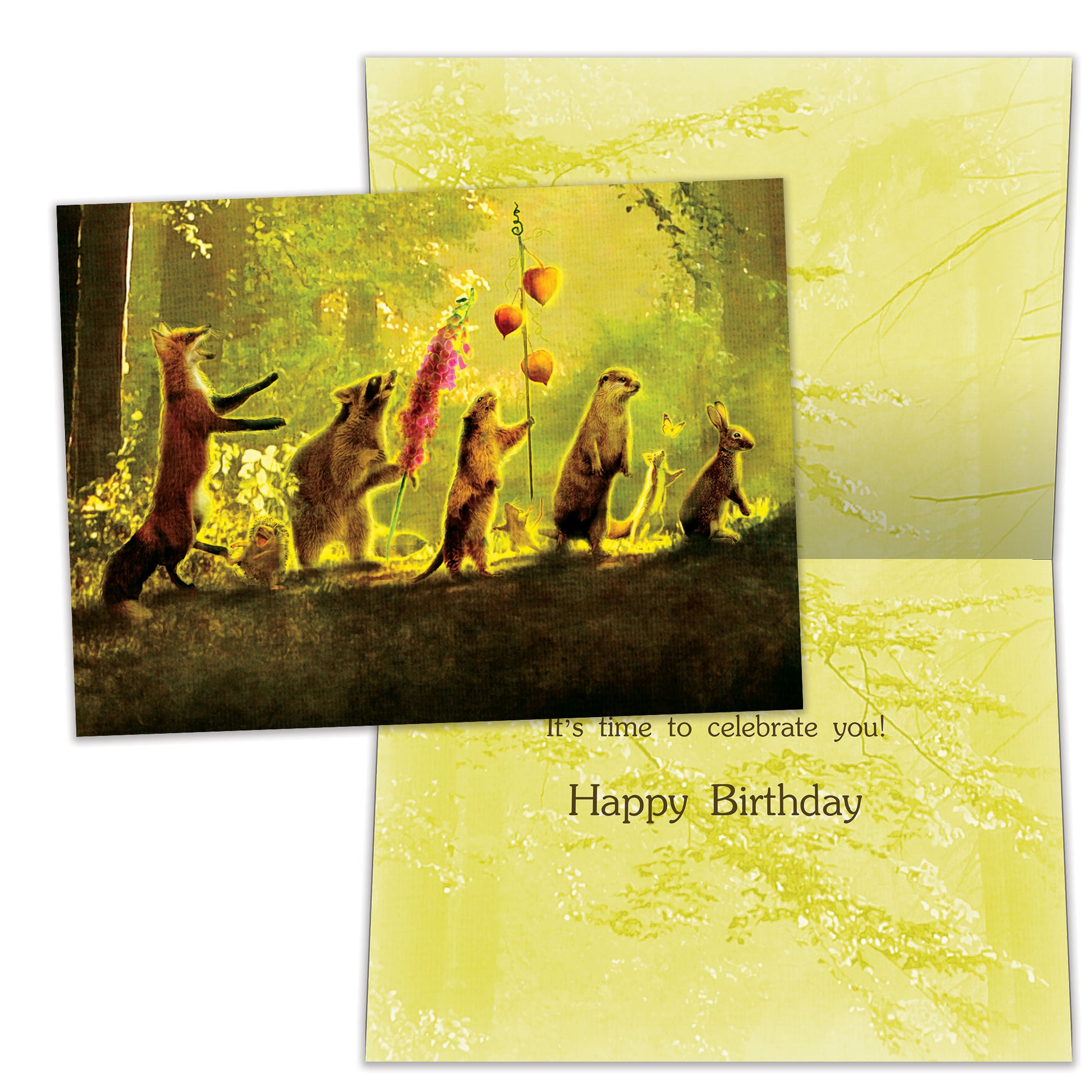 Front and inside view of a Birthday greeting card featuring a parade of forest animals, with matching design details inside.