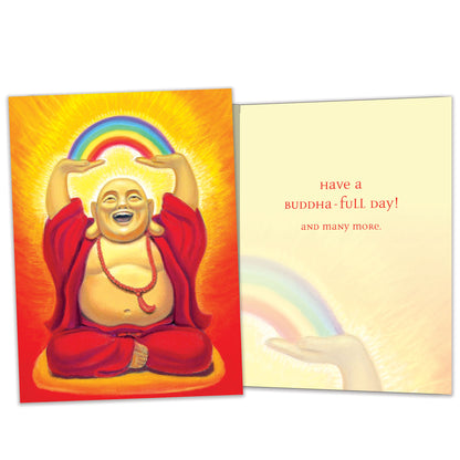 Front and inside view of a Birthday greeting card featuring a laughing Buddha holding a rainbow, with matching design details inside.
