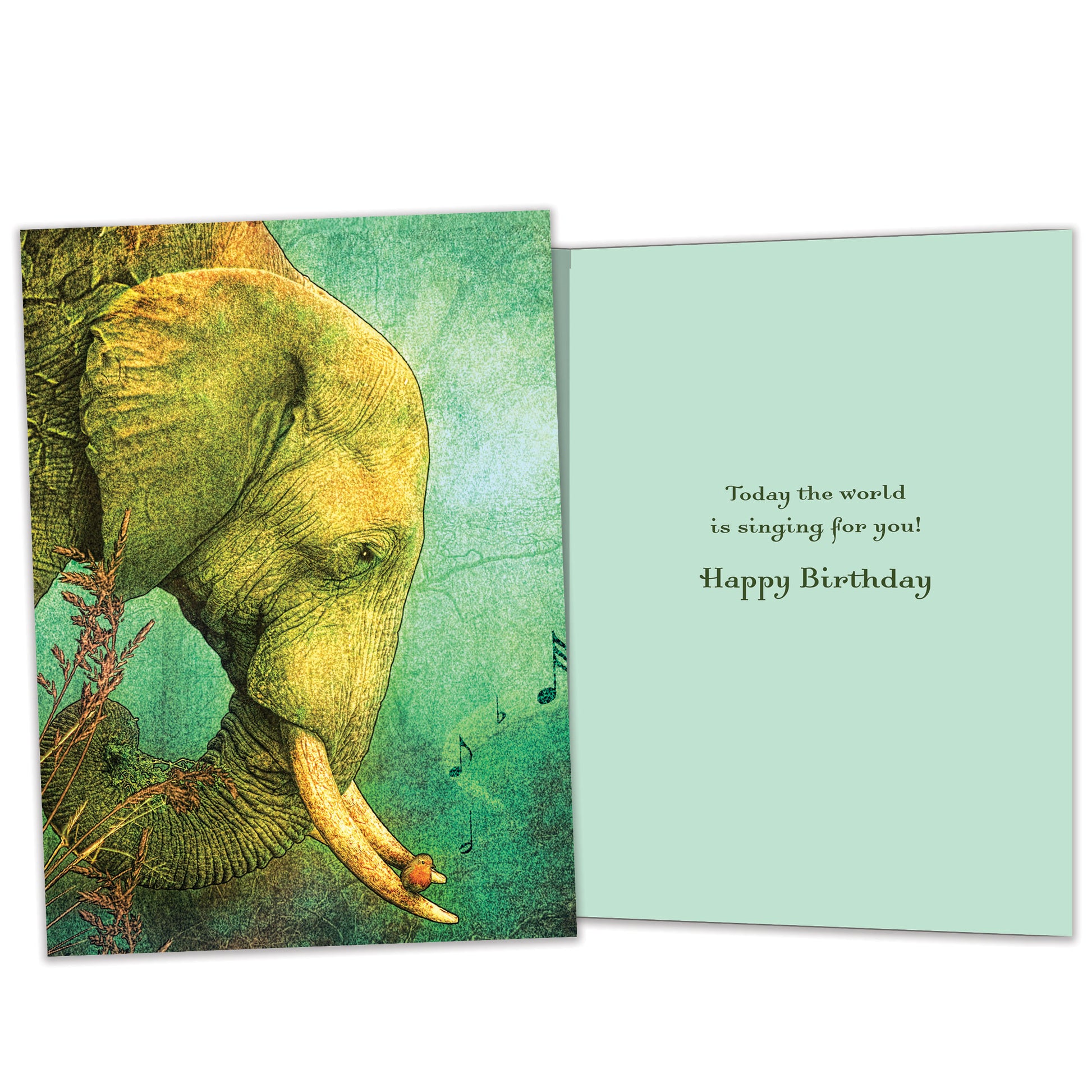 Front and inside view of a Birthday greeting card featuring an elephant with musical notes, with matching design details inside.