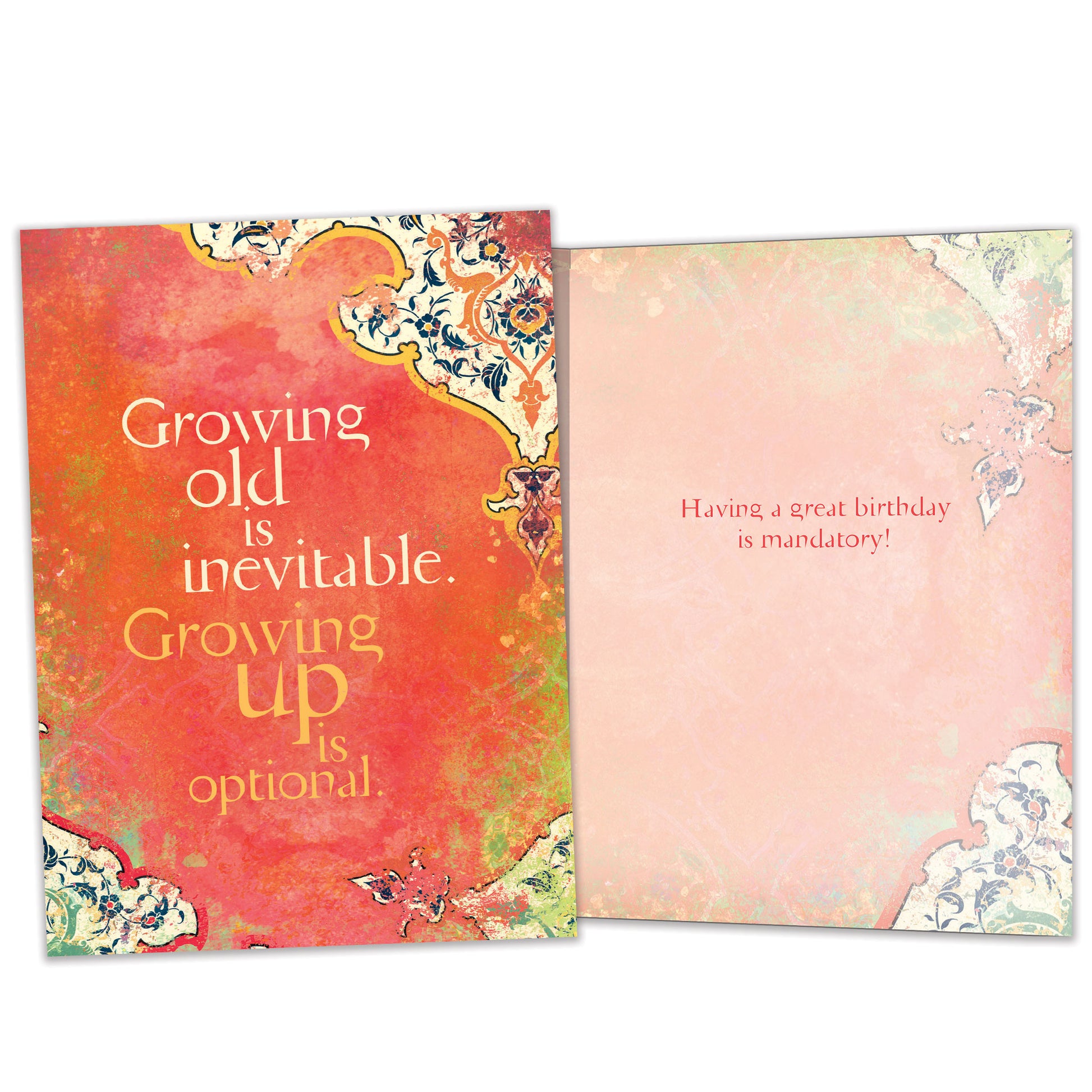 Front and inside view of a Birthday greeting card featuring a message about growing older on an artistic background, with matching design details inside.