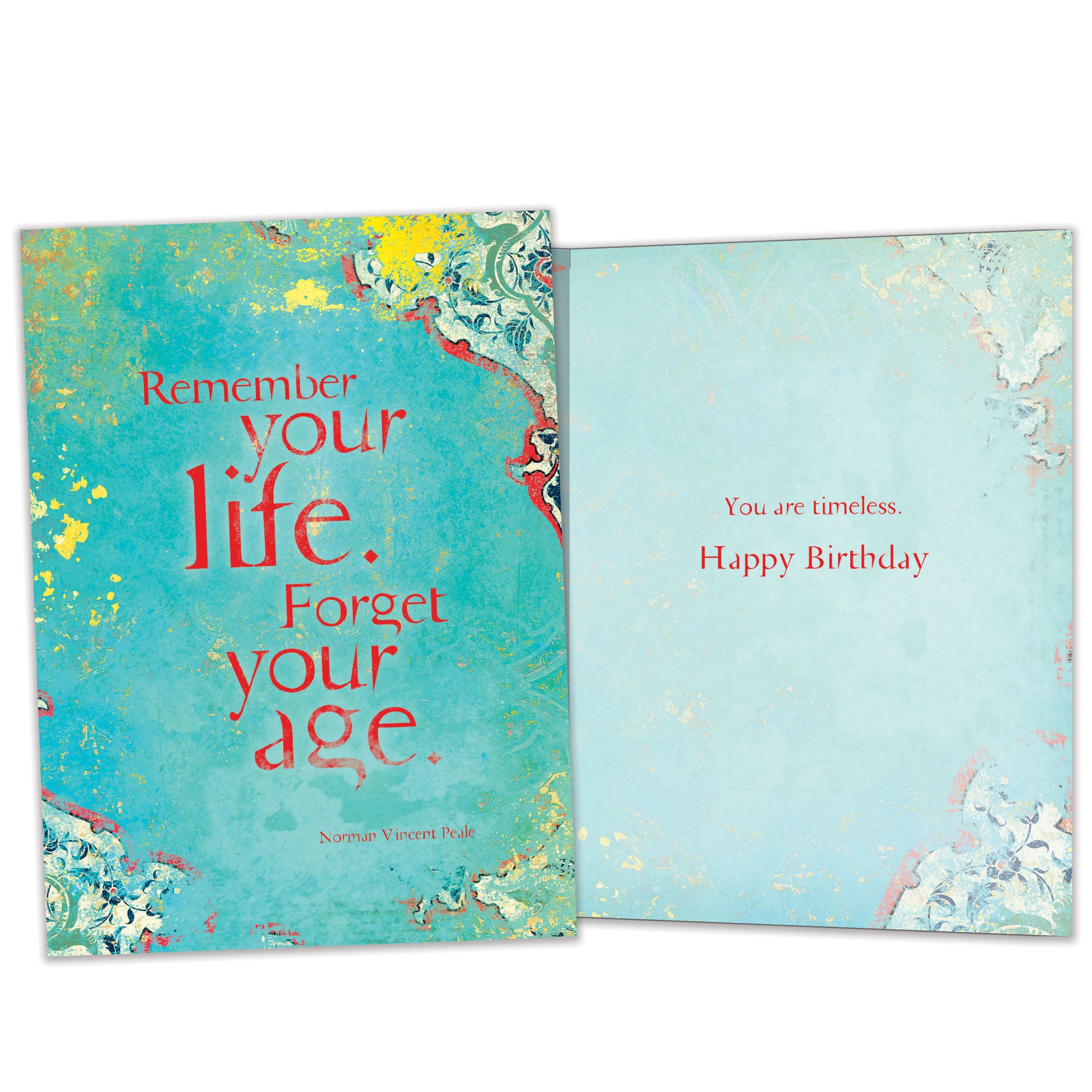 Front and inside view of a Birthday greeting card featuring a message about life and aging on an artistic blue background, with matching design details inside.