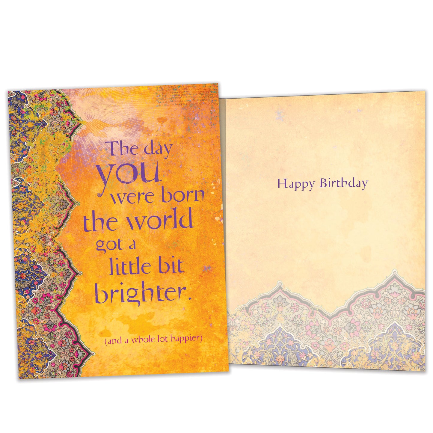 Front and inside view of a Birthday greeting card featuring a thoughtful message on an artistic amber background, with matching design details inside.