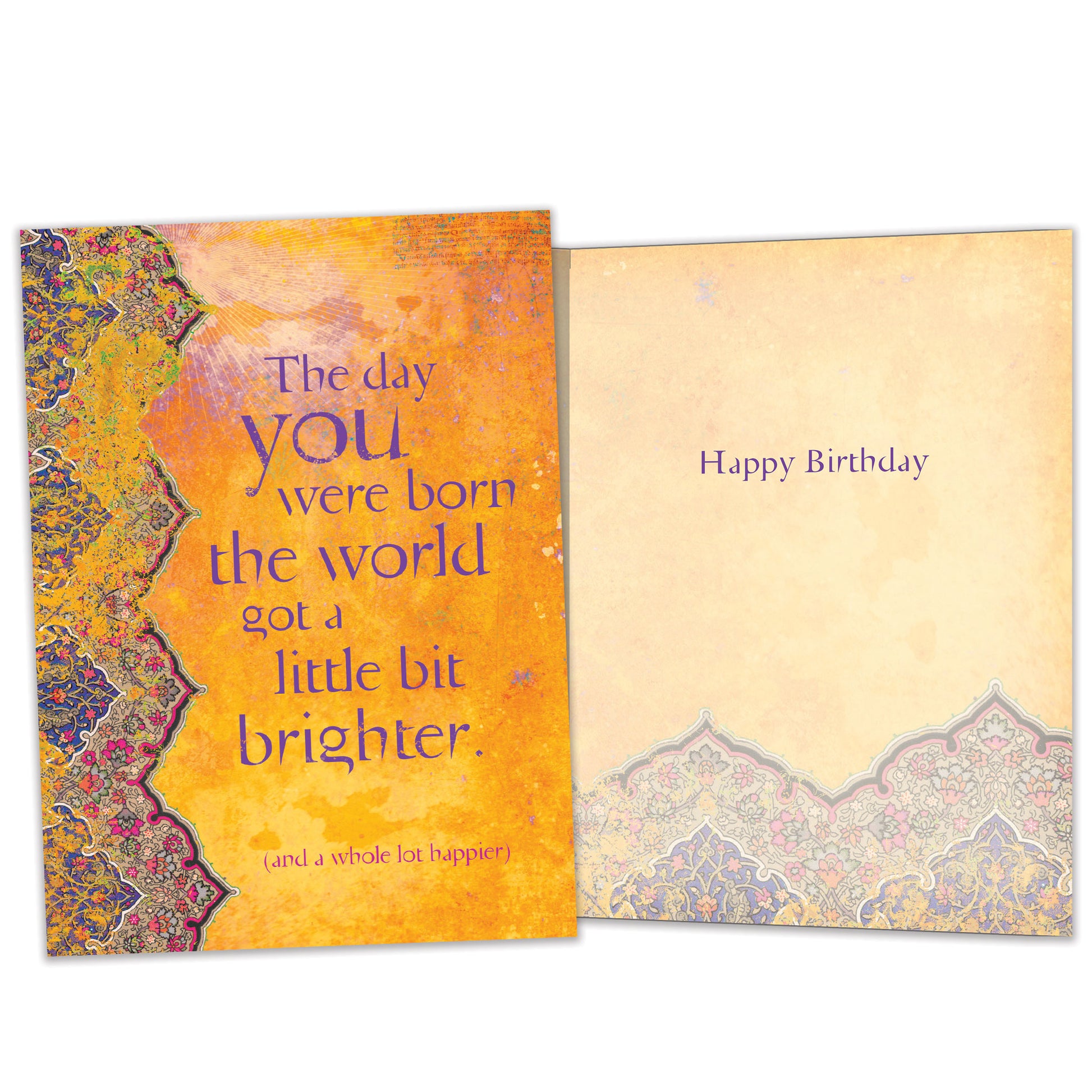 Front and inside view of a Birthday greeting card featuring a thoughtful message on an artistic amber background, with matching design details inside.