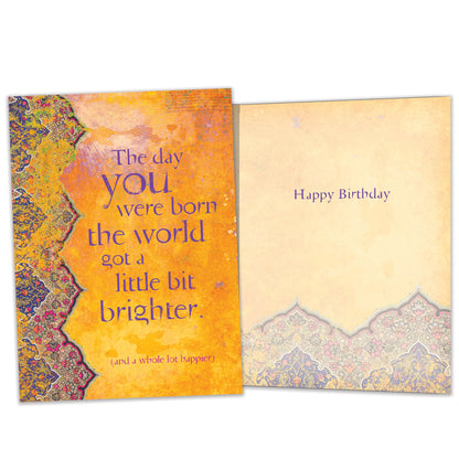 Front and inside view of a Birthday greeting card featuring a thoughtful message on an artistic amber background, with matching design details inside.