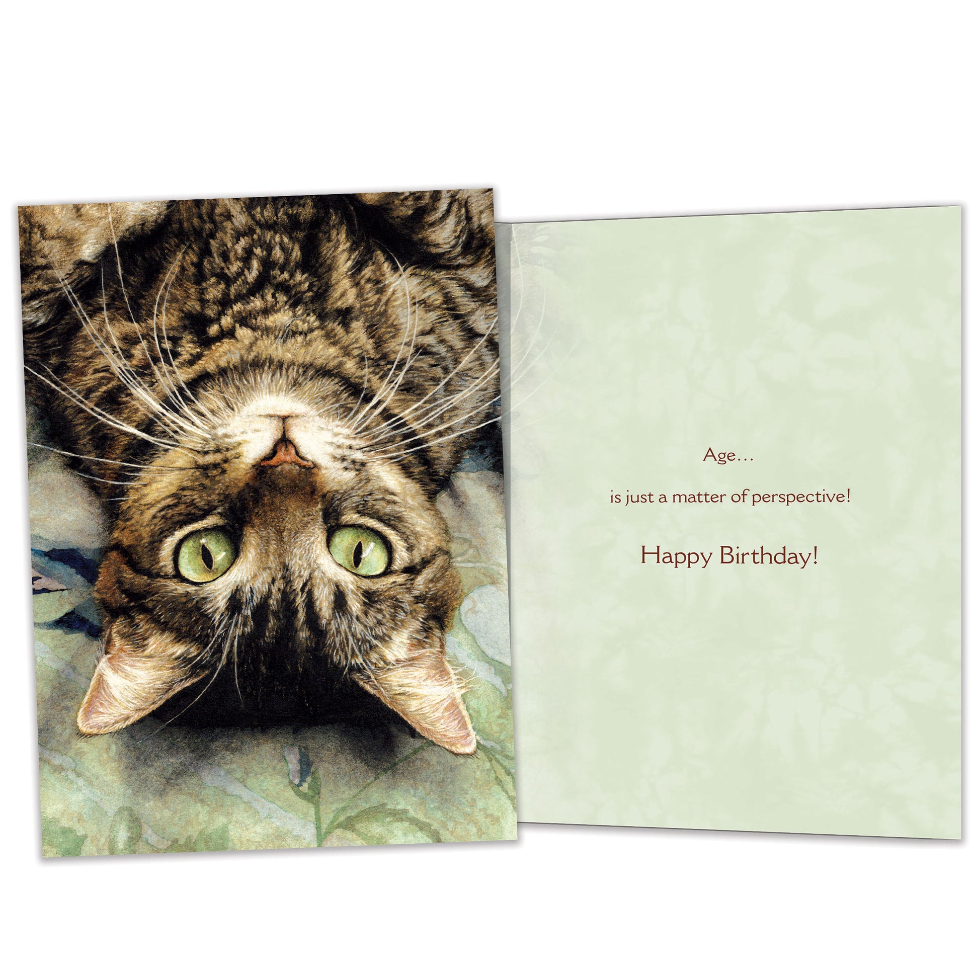 Front and inside view of a Birthday greeting card featuring an image of a cat's face upside down, with matching design details inside.