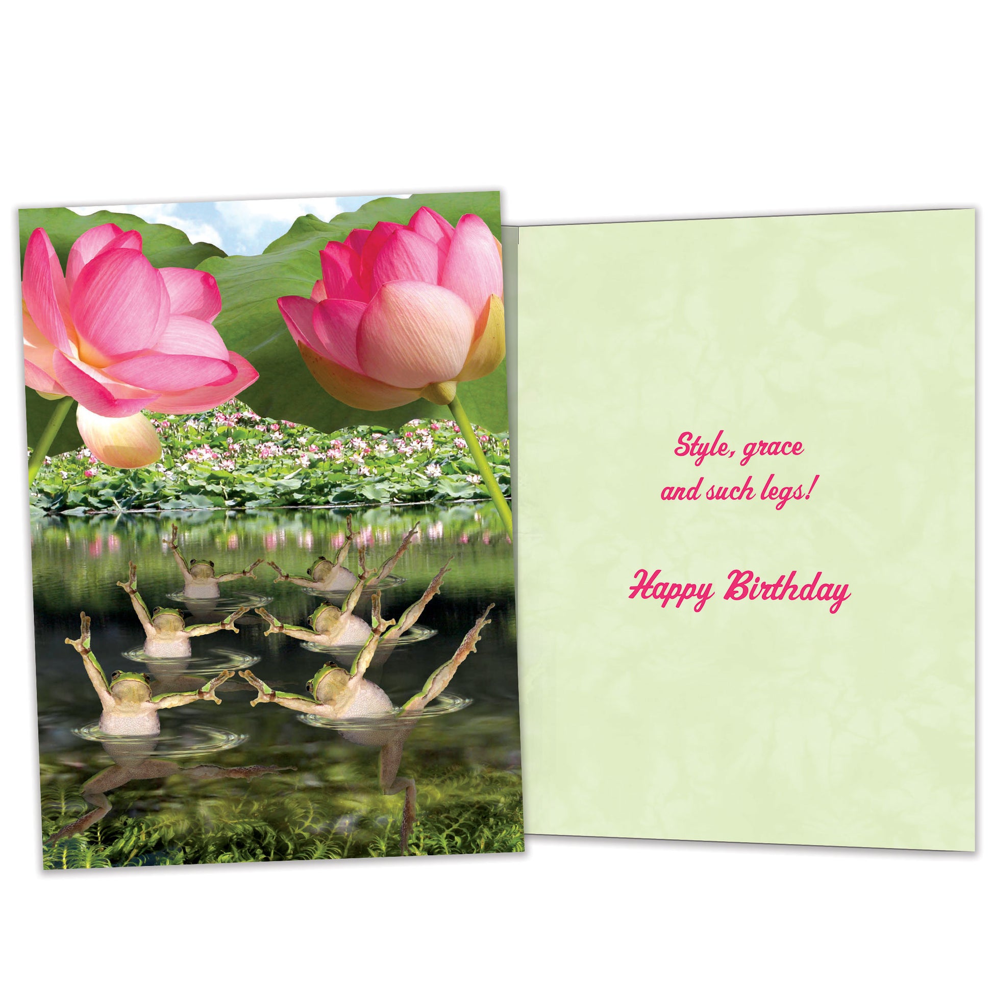 Front and inside view of a Birthday greeting card featuring frogs doing synchronized swimming in a pond, with matching design details inside.