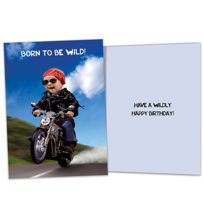 Front and inside view of a Birthday greeting card featuring a baby riding a motorcycle with "Born to be wild!" with matching design details inside.