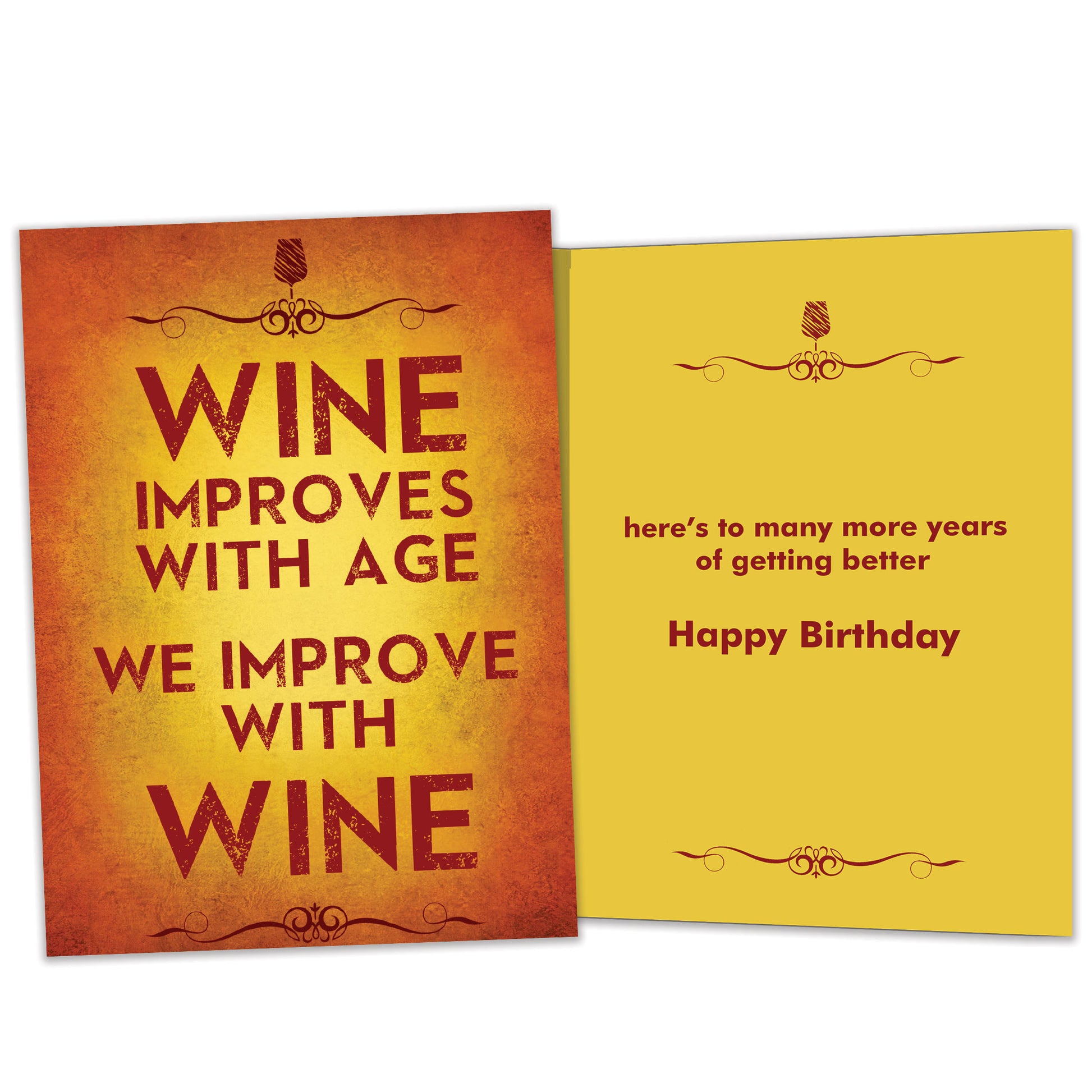 Front and inside view of a Birthday greeting card featuring "Wine improves with age, we improve with wine," with matching design details inside.