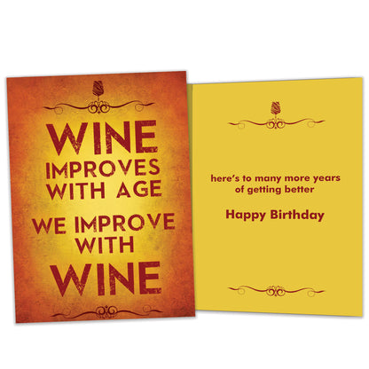 Front and inside view of a Birthday greeting card featuring "Wine improves with age, we improve with wine," with matching design details inside.