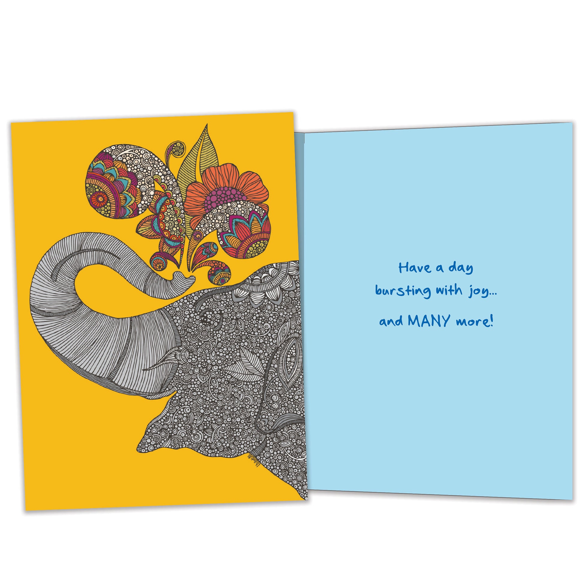 Front and inside view of a Birthday greeting card featuring a cheerful elephant on an amber background, with matching design details inside.
