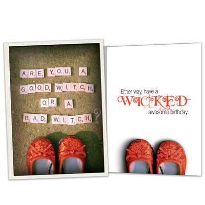 Front and inside view of a Birthday greeting card featuring ruby red shoes and a fun message about witches, with matching design details inside.