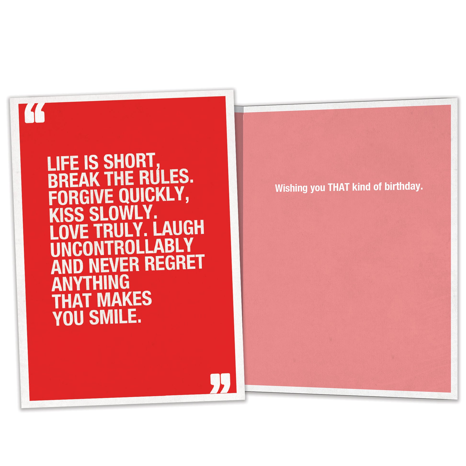 Front and inside view of a Birthday greeting card featuring a quote from Mark Twain on a red background, with matching design details inside.
