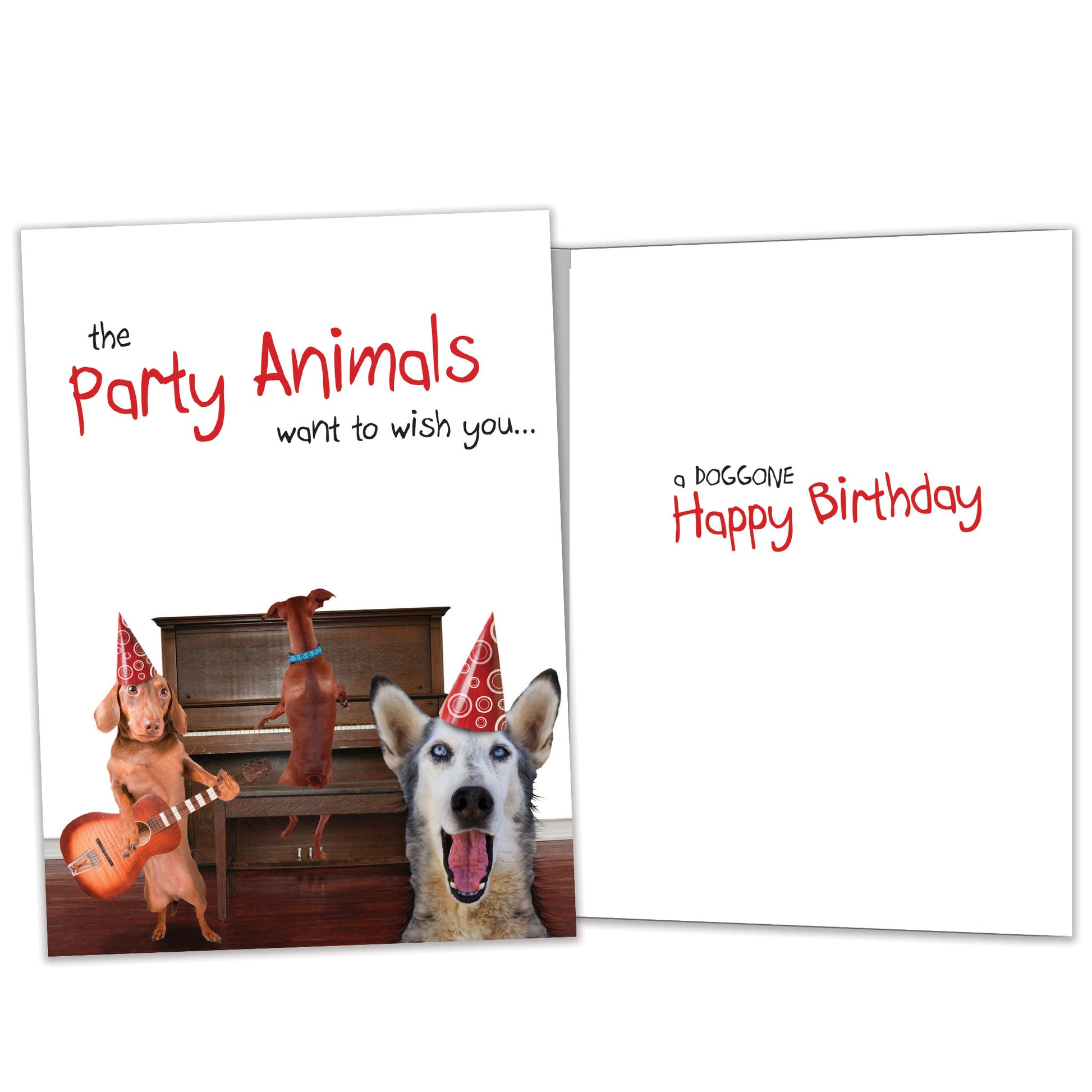 Front and inside view of a Birthday greeting card featuring an illustration of dogs celebrating with music, with matching design details inside.