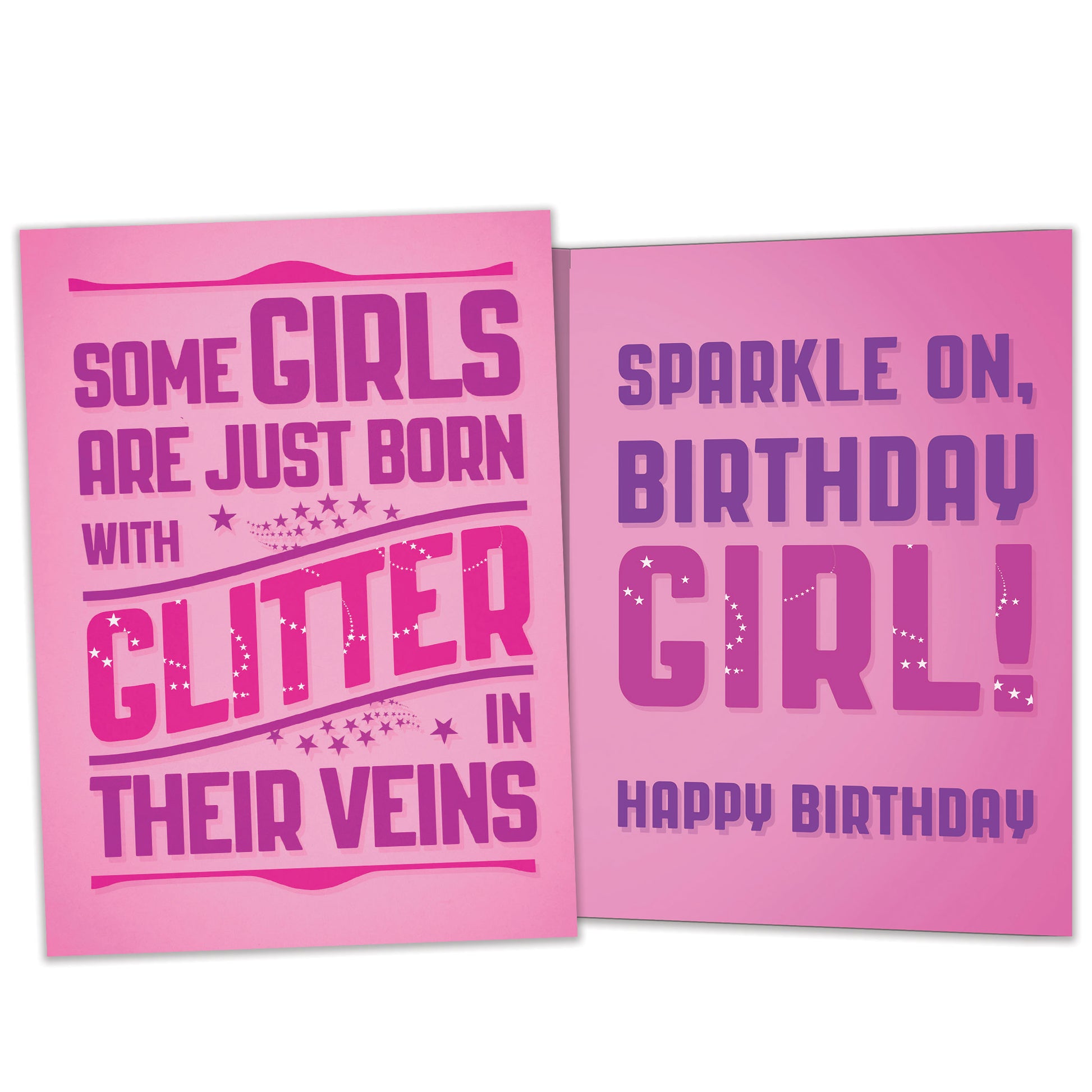 Front and inside view of a Birthday greeting card featuring a cheerful message about girls born with glitter on a pink background, with matching design details inside.