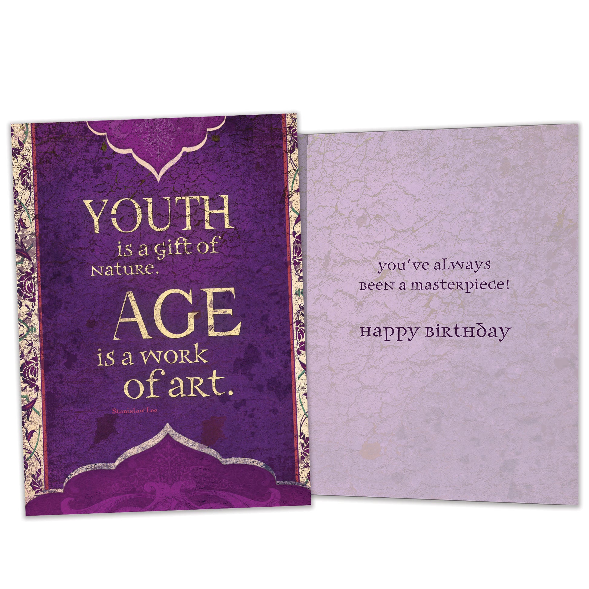 Front and inside view of a Birthday greeting card featuring a message about age and art on a purple artistic background, with matching design details inside.