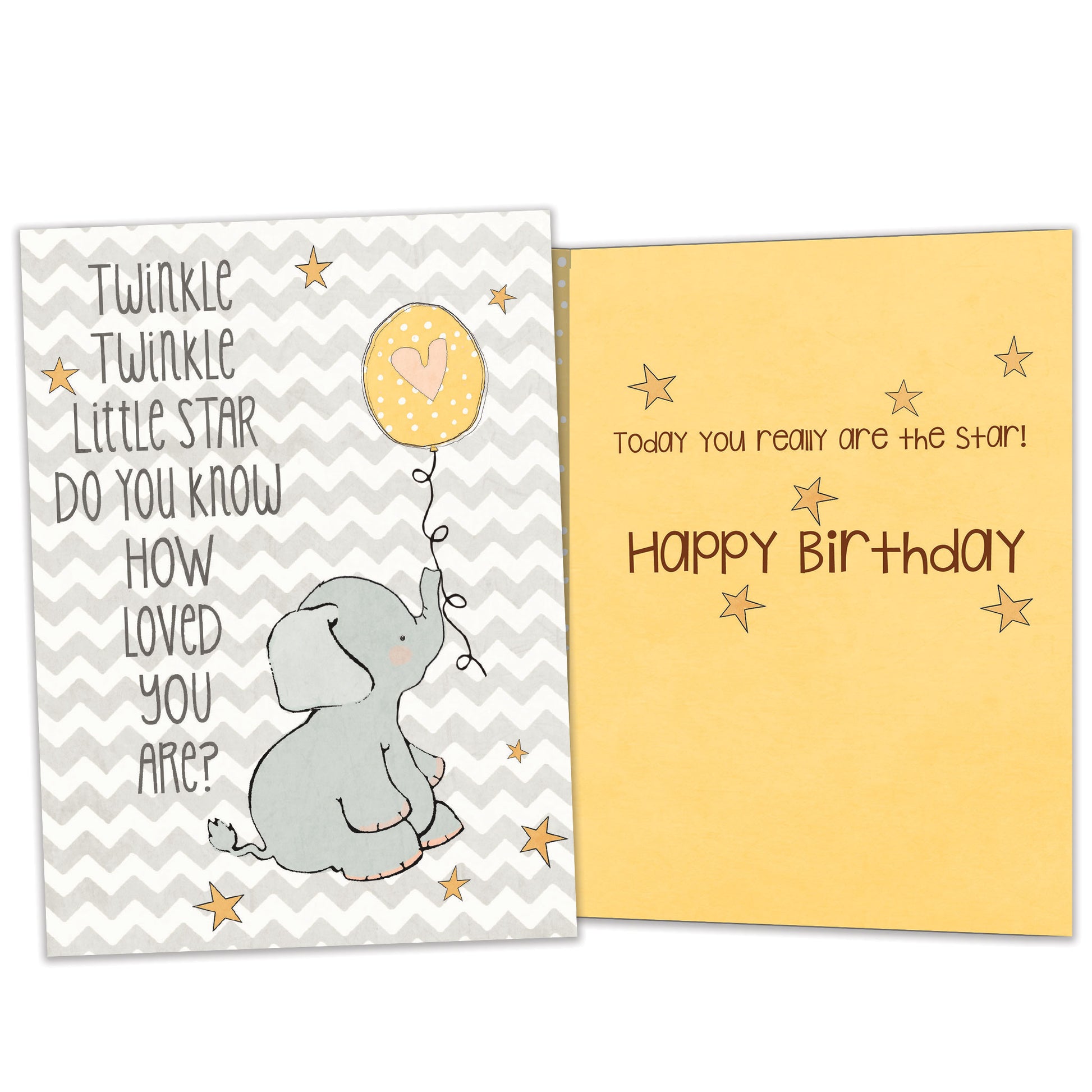 Front and inside view of a Birthday greeting card featuring a baby elephant holding a balloon, with matching design details inside.