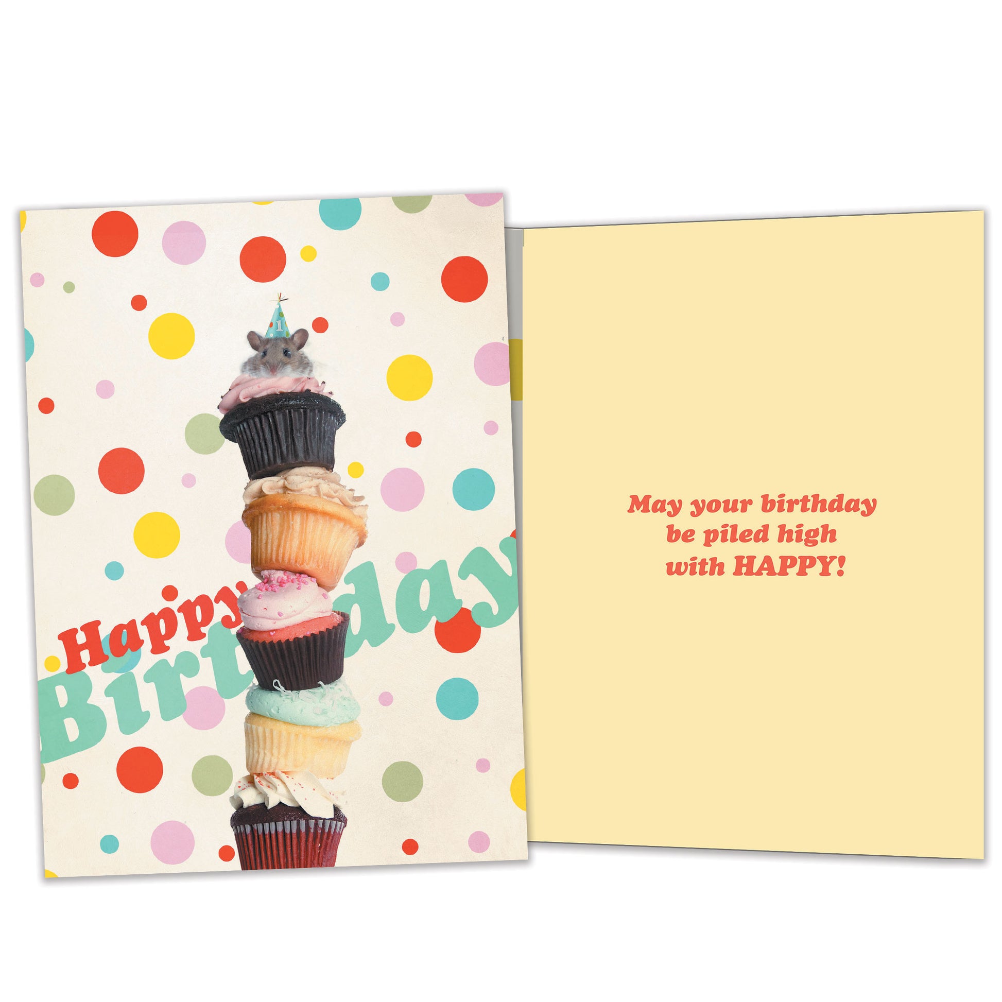 Front and inside view of a Birthday greeting card featuring stacked cupcakes with a mouse on top, with matching design details inside.