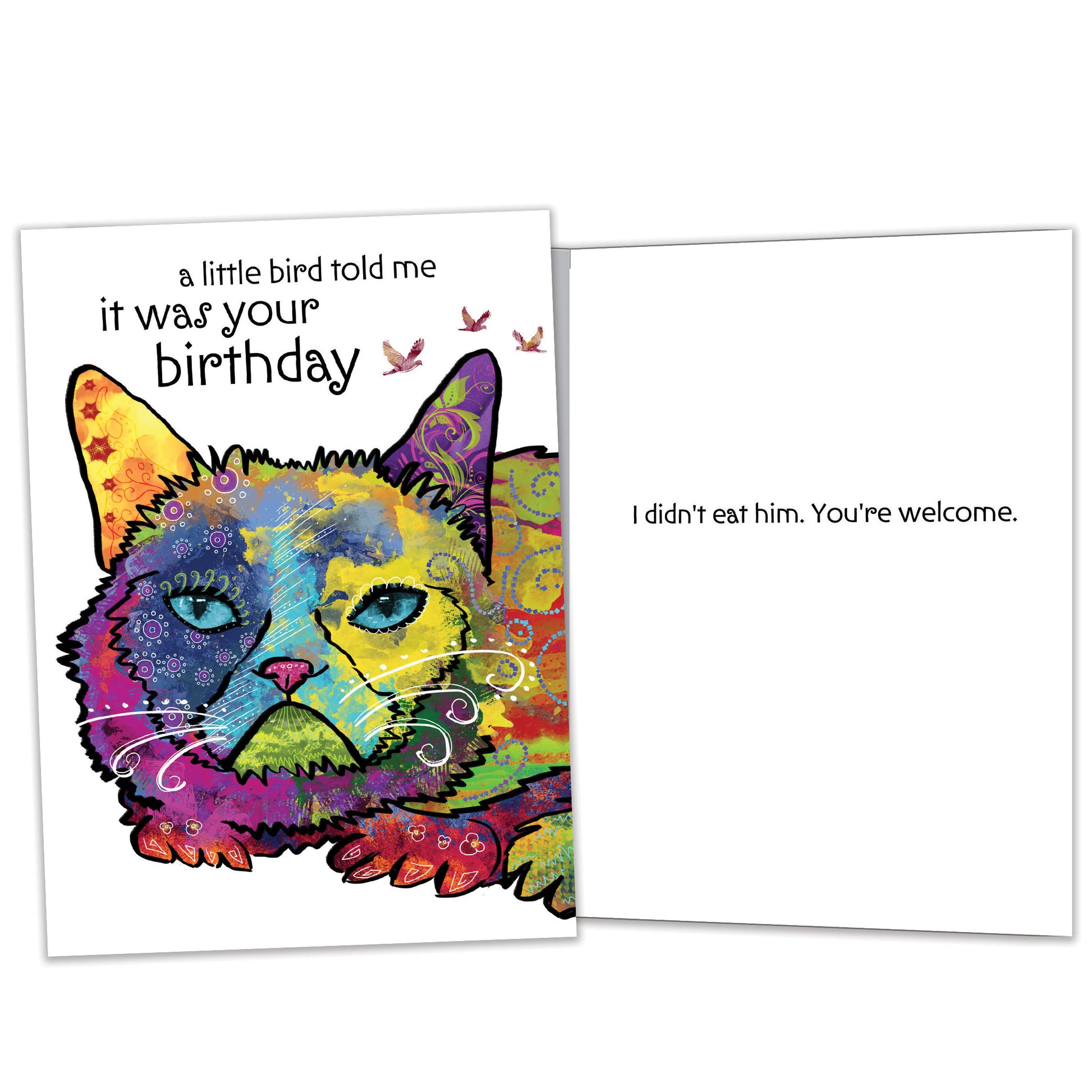 Front and inside view of a Birthday greeting card featuring a colourful cat illustration and a birthday message, with matching design details inside.