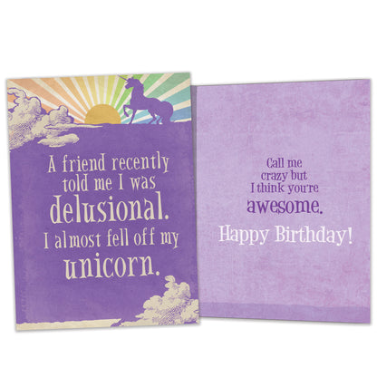 Front and inside view of a Birthday greeting card featuring a unicorn illustration with a funny message, featuring matching details on the inside.