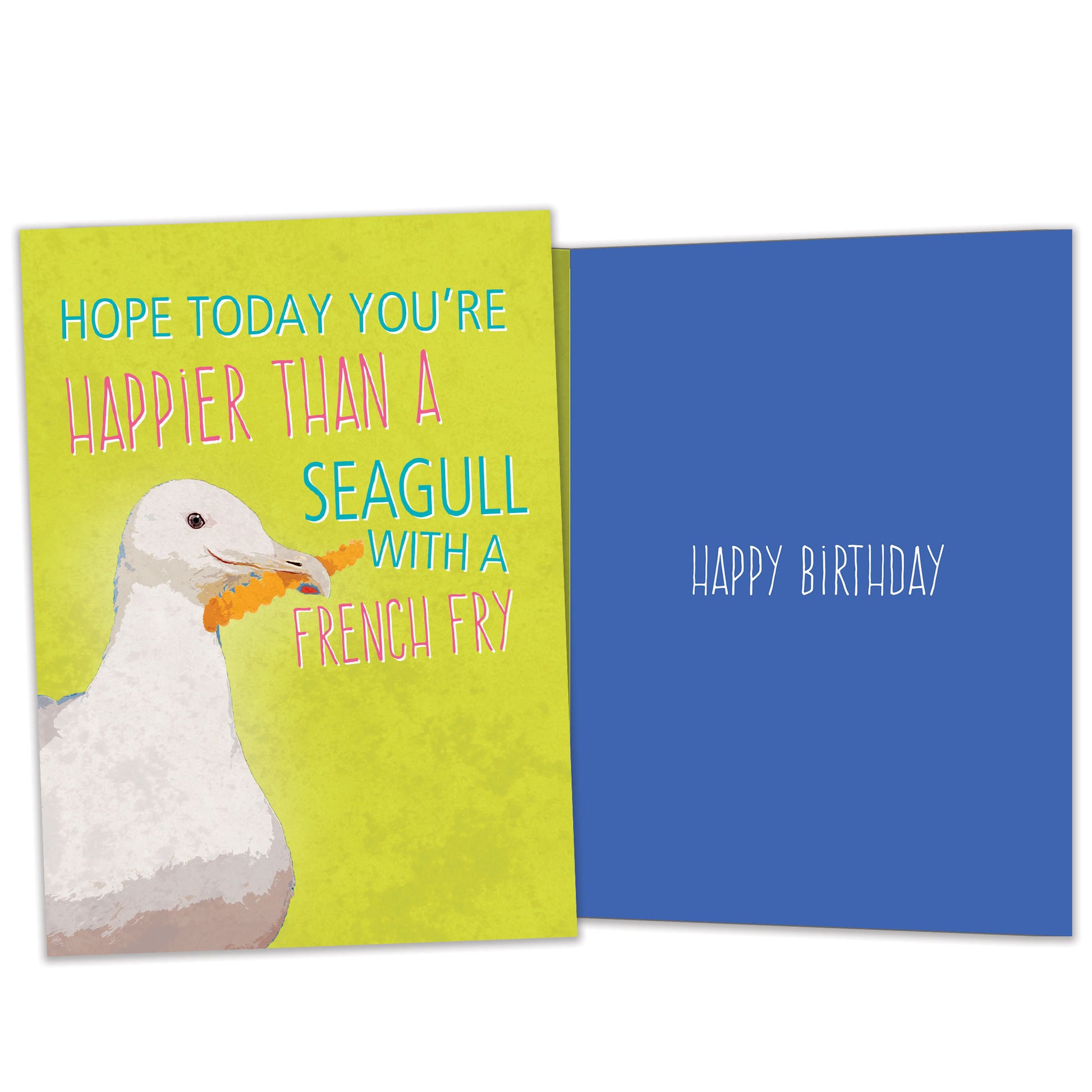Front and inside view of a Birthday greeting card featuring a seagull holding a french fry, featuring matching details on the inside.