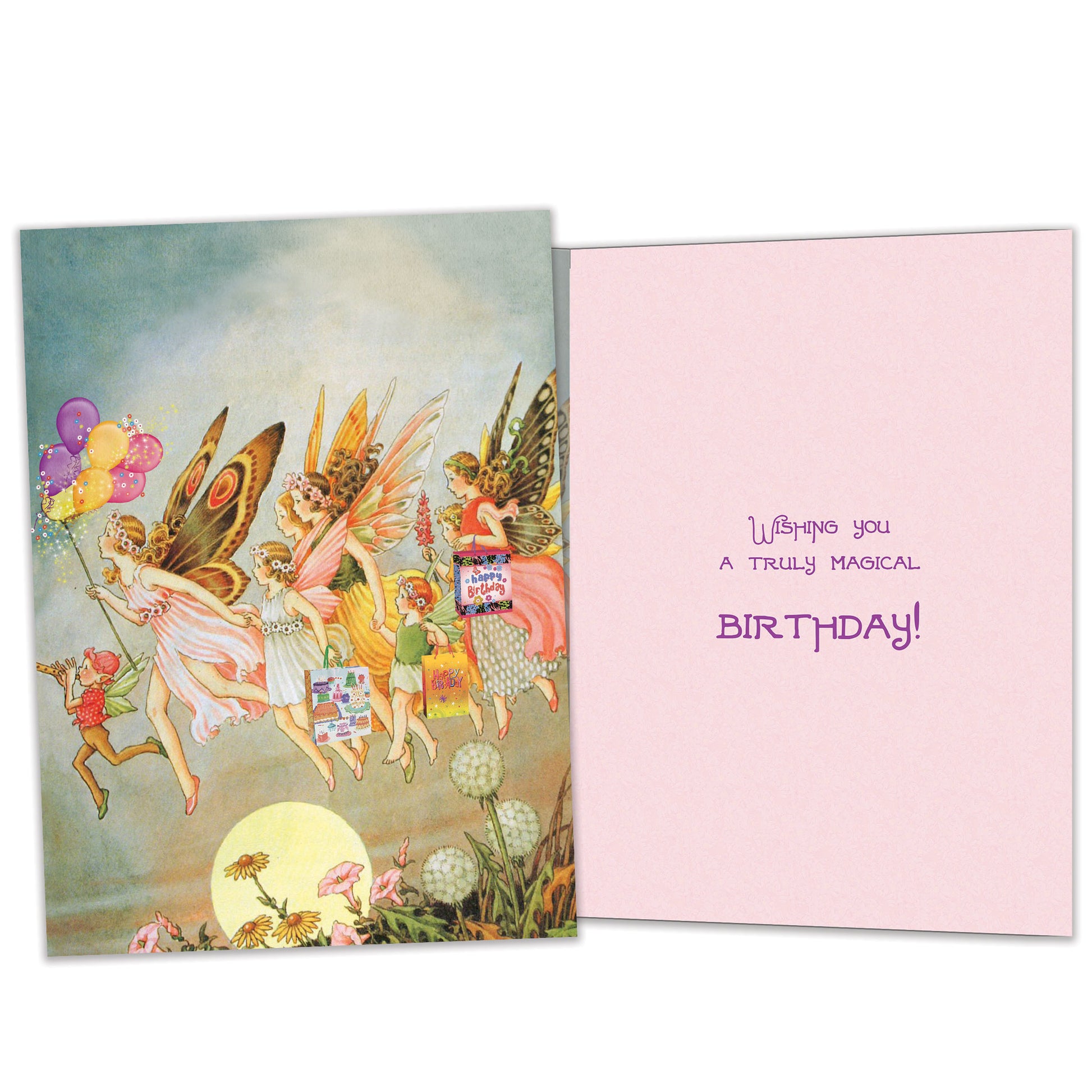 Front and inside view of a Birthday greeting card featuring an illustration of fairies flying, featuring matching details on the inside.