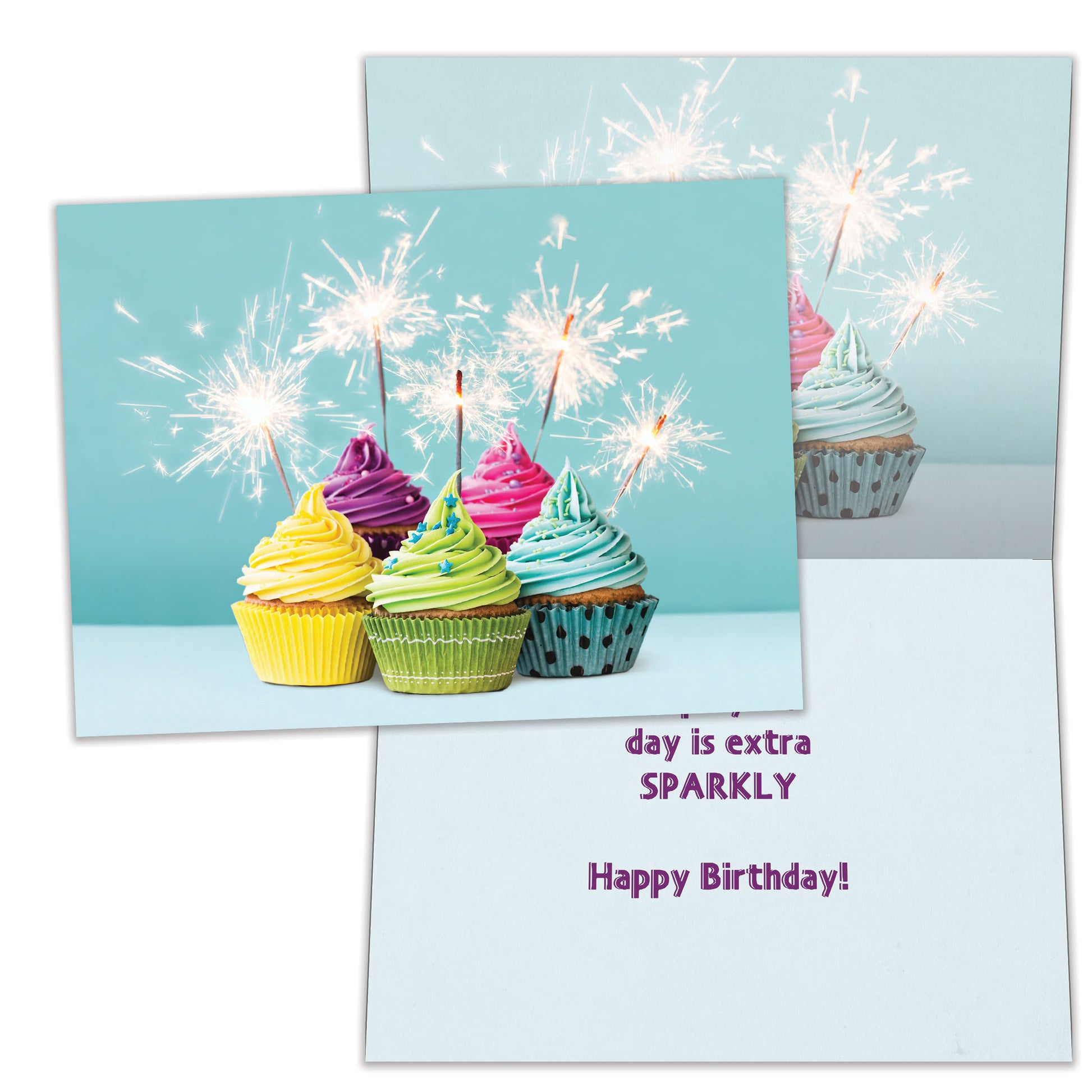 Front and inside view of a Birthday greeting card featuring an image of cupcakes with lit sparkles, featuring matching details on the inside.
