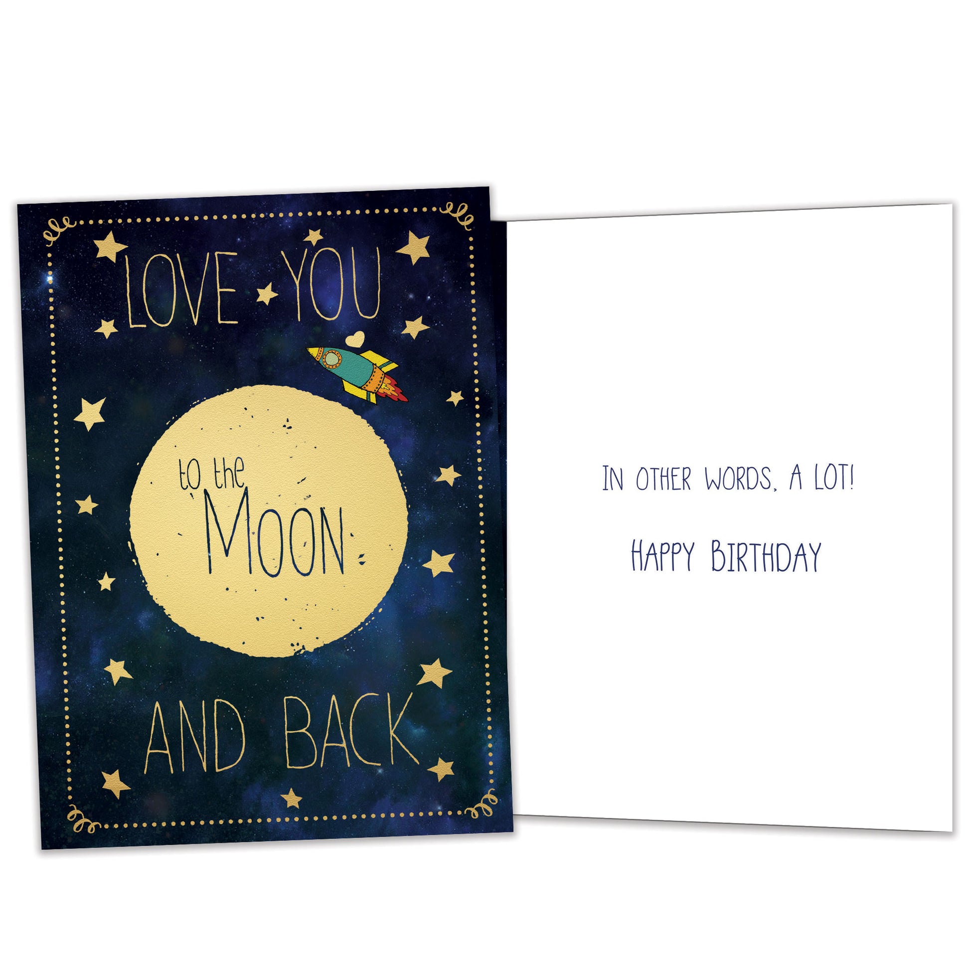 Front and inside view of a Birthday greeting card featuring the message "Love you to the moon and back," with matching details on the inside.