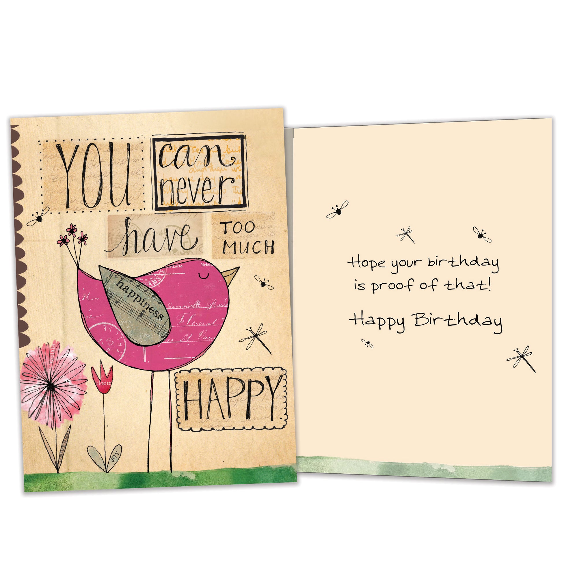 Front and inside view of a Birthday greeting card featuring a happy bird and a cheerful message, with matching details on the inside.
