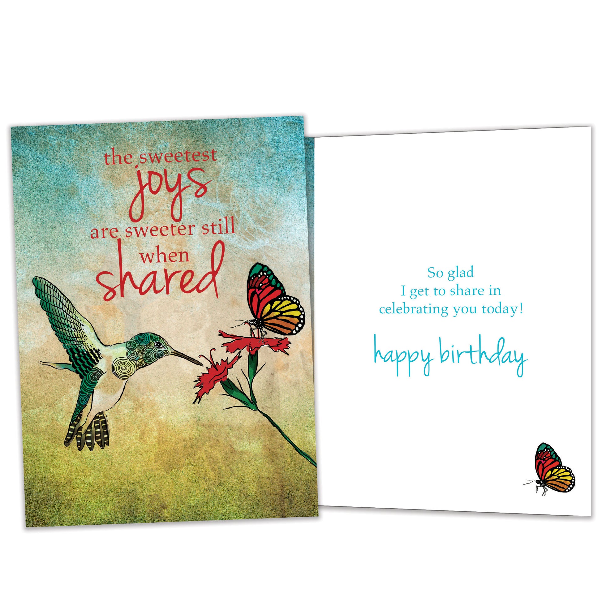 Front and inside view of a Birthday greeting card featuring a bird, flower, and butterfly illustration with a nice message, with matching details on the inside