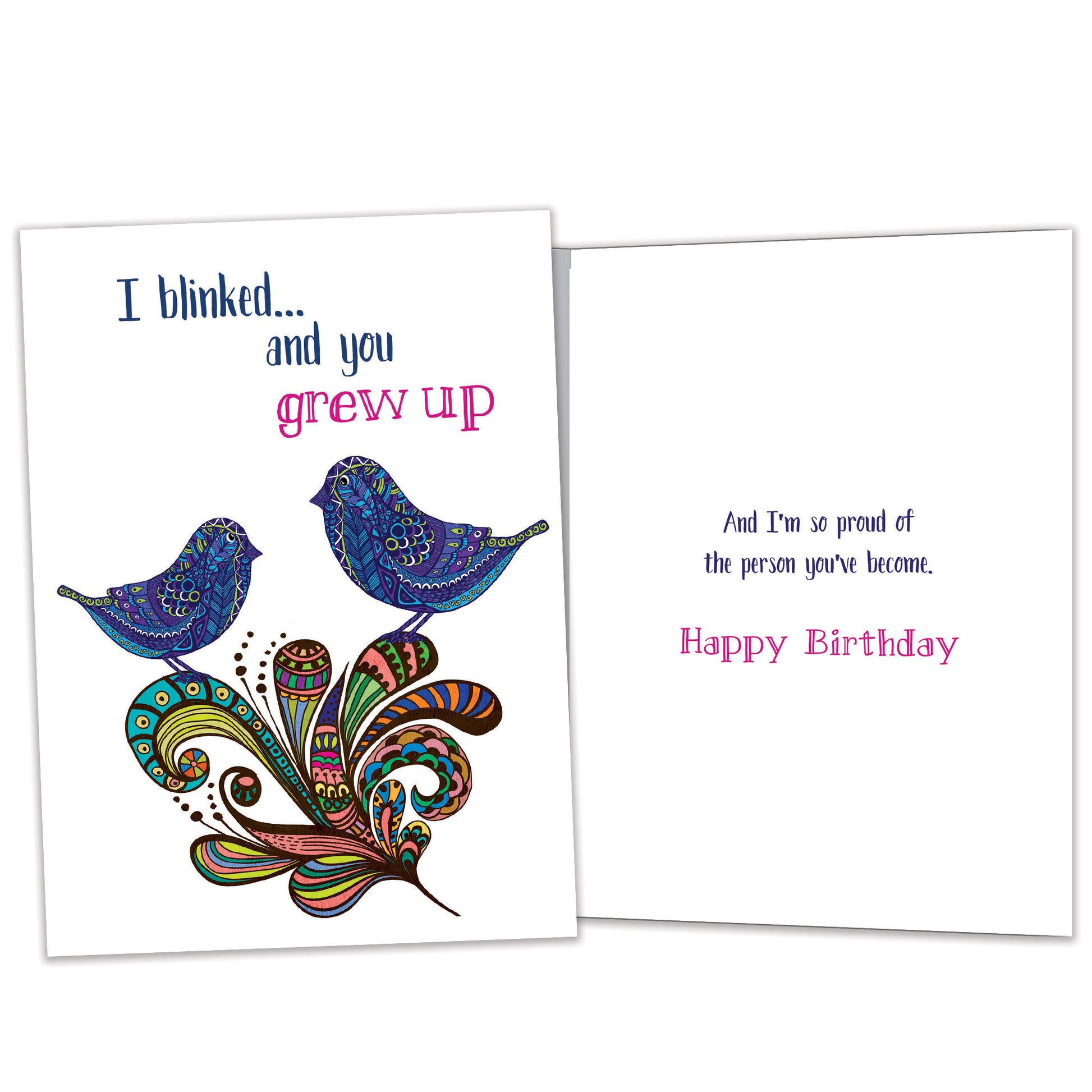 Front and inside view of a Birthday greeting card featuring artistic birds with the message "I blinked…and you grew up," with matching details on the inside.