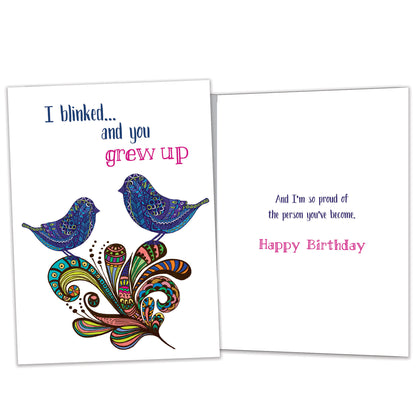 Front and inside view of a Birthday greeting card featuring artistic birds with the message "I blinked…and you grew up," with matching details on the inside.