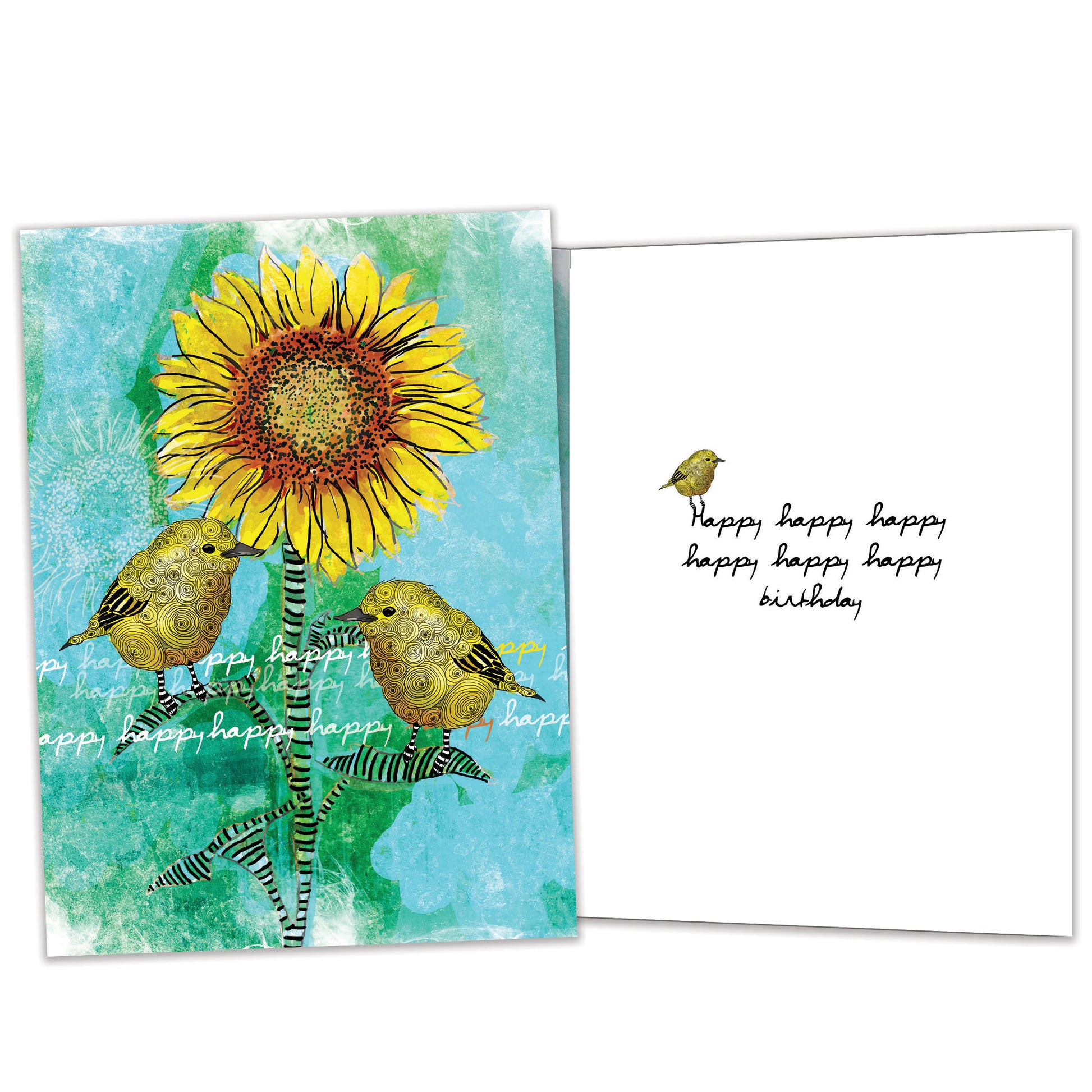 Front and inside view of a Birthday greeting card featuring two birds on a sunflower, with matching details on the inside.
