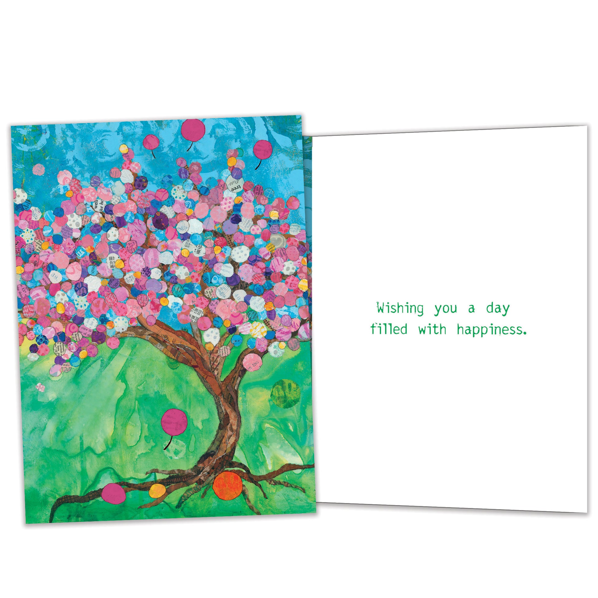 Front and inside view of a Birthday greeting card featuring a tree of balloons, with matching details on the inside