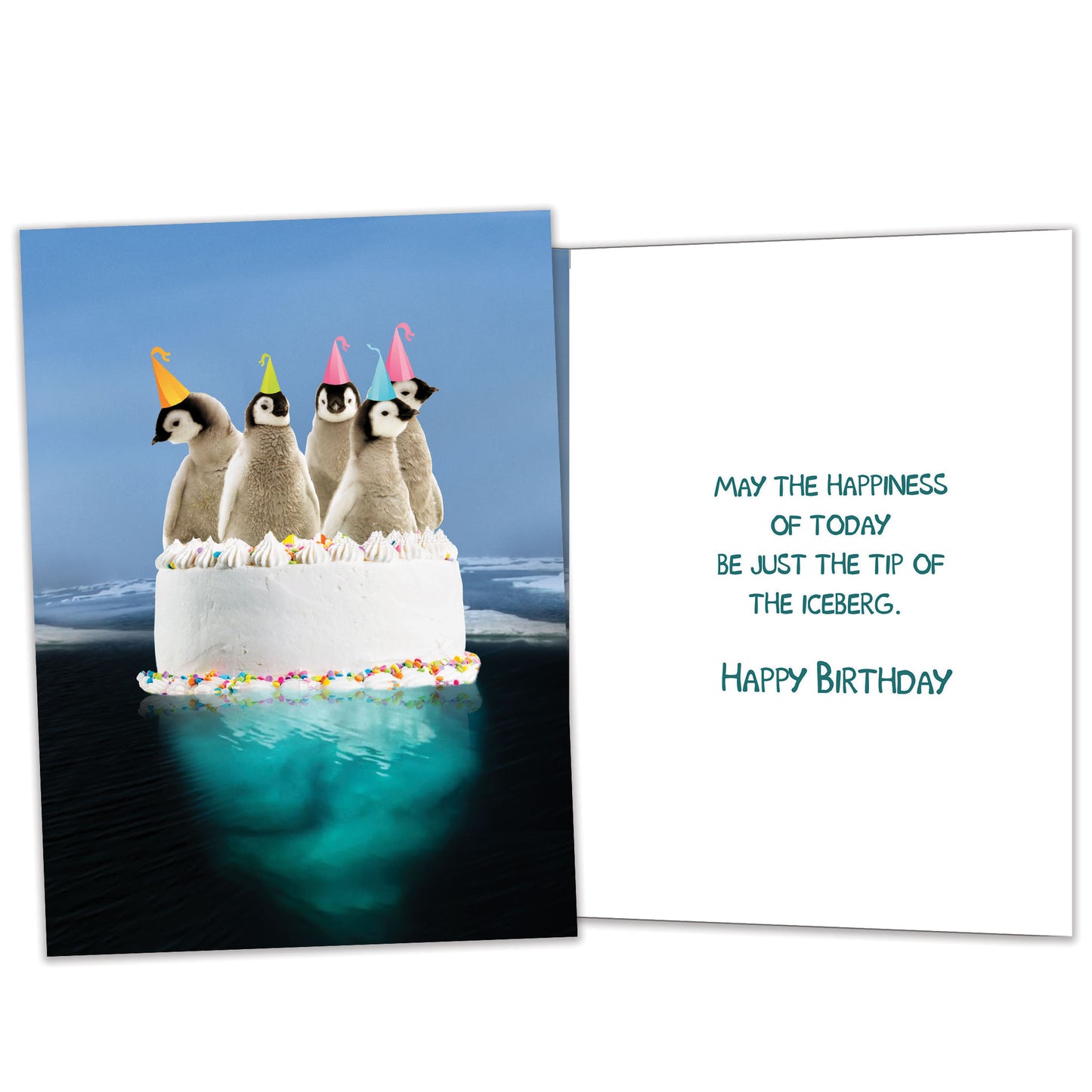 Front and inside view of a Birthday greeting card featuring penguins on a cake, with matching details on the inside.