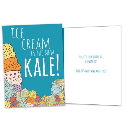Front and inside view of a Birthday greeting card featuring the message "Ice cream is the new kale!", with matching details on the inside.