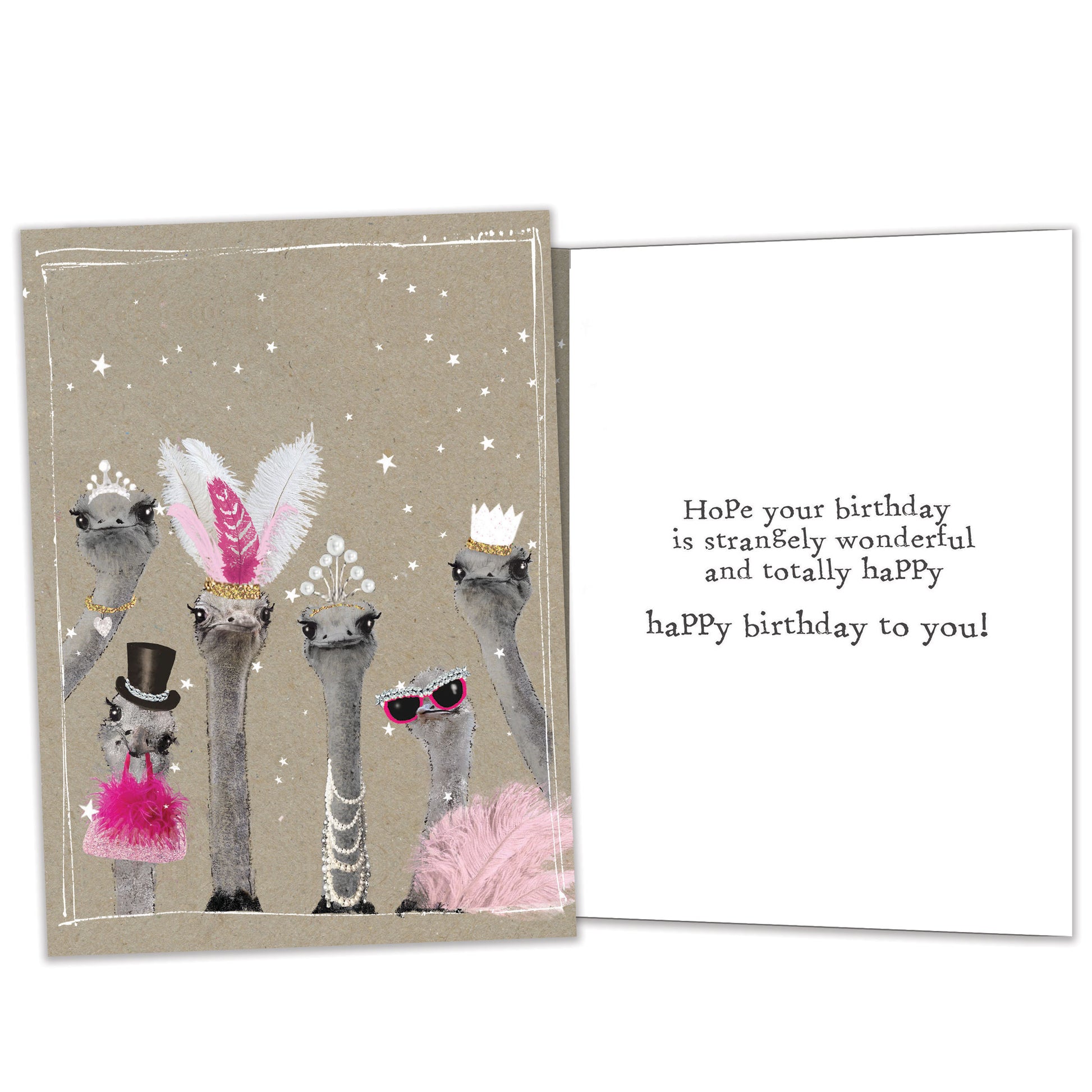 Front and inside view of a Birthday greeting card featuring dressed-up ostriches, with matching details on the inside.